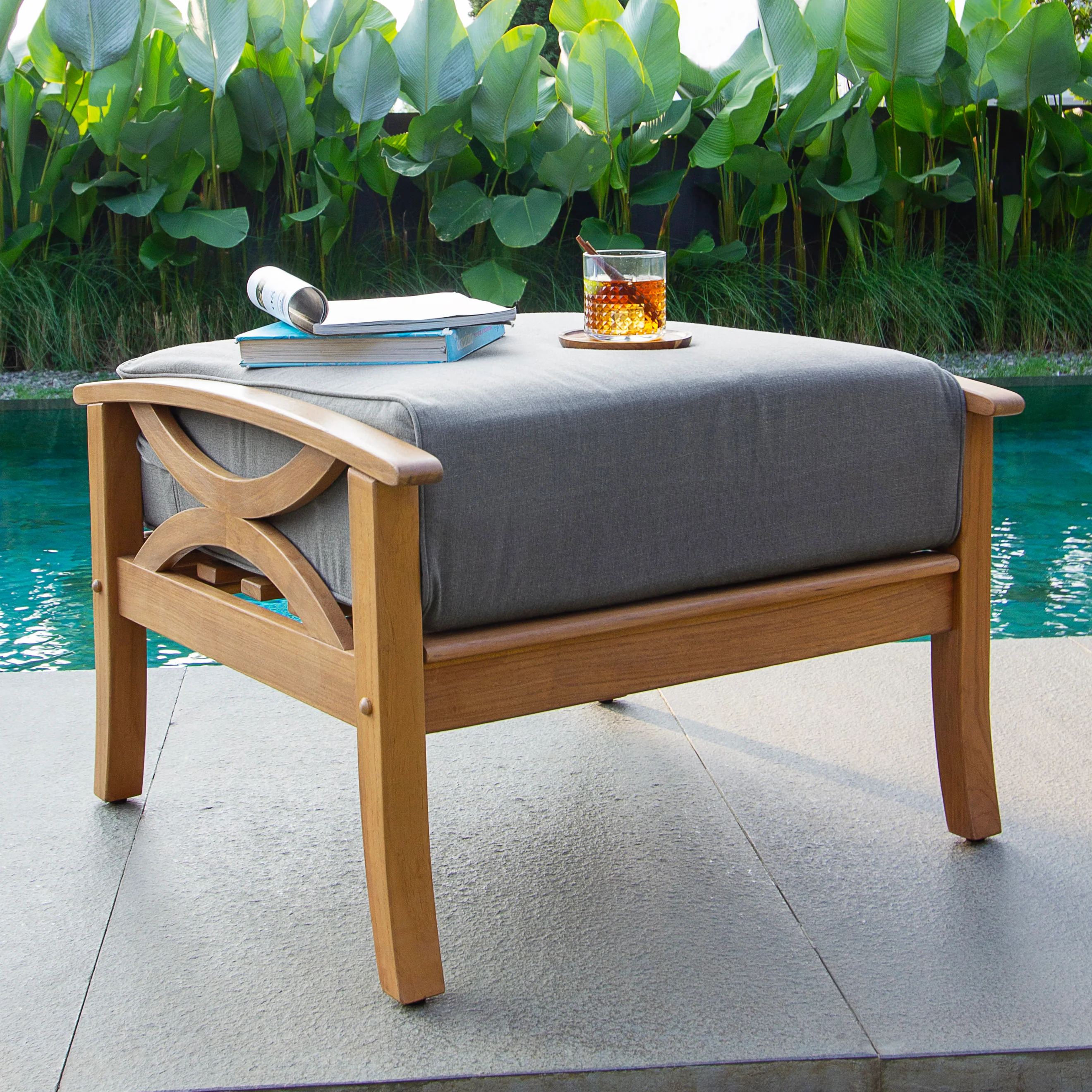 Abbington Teak Wood Outdoor Ottoman with Gray Cushion - Image 3