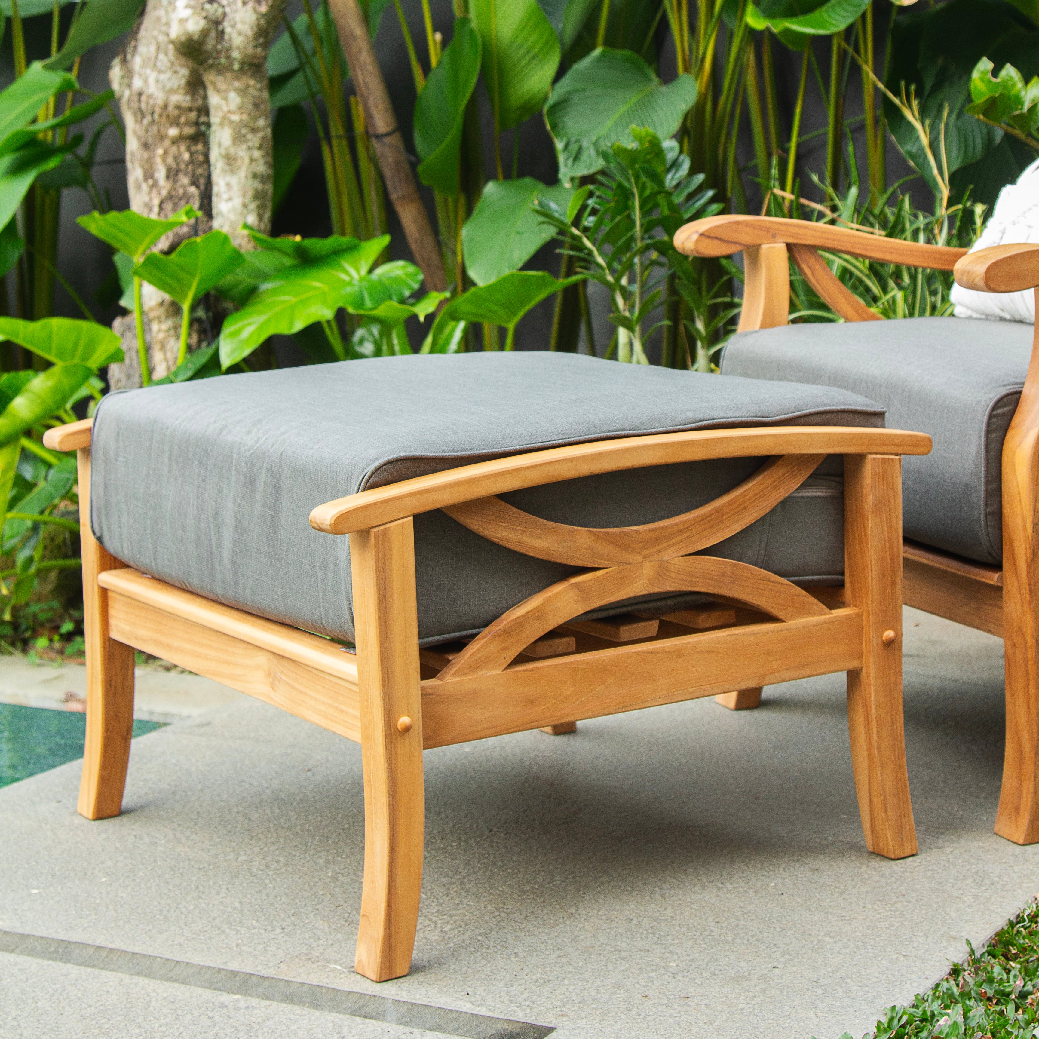 Abbington Teak Wood Outdoor Ottoman with Gray Cushion - Image 6