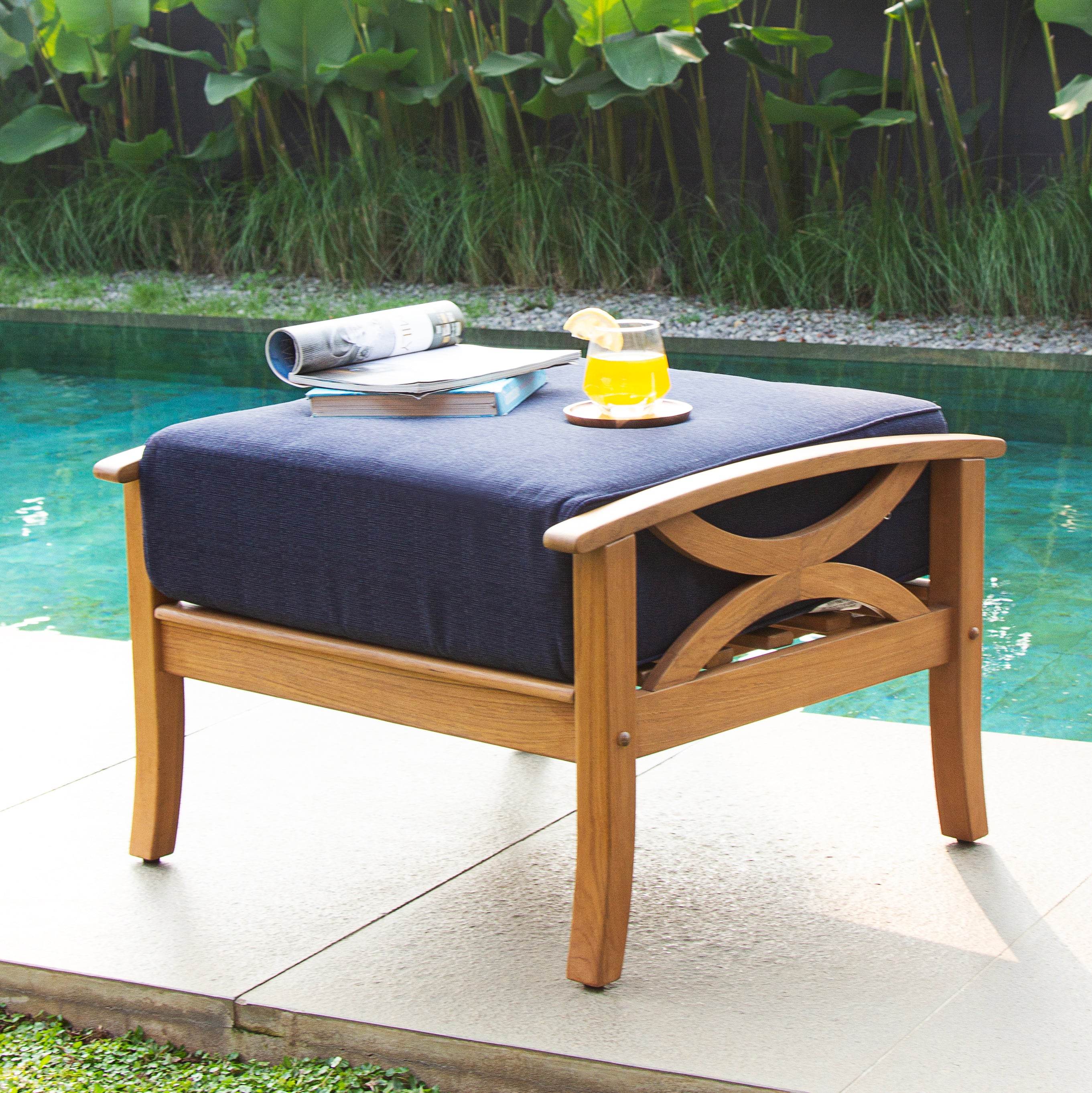 Abbington Teak Wood Outdoor Ottoman with Navy Cushion - Image 3