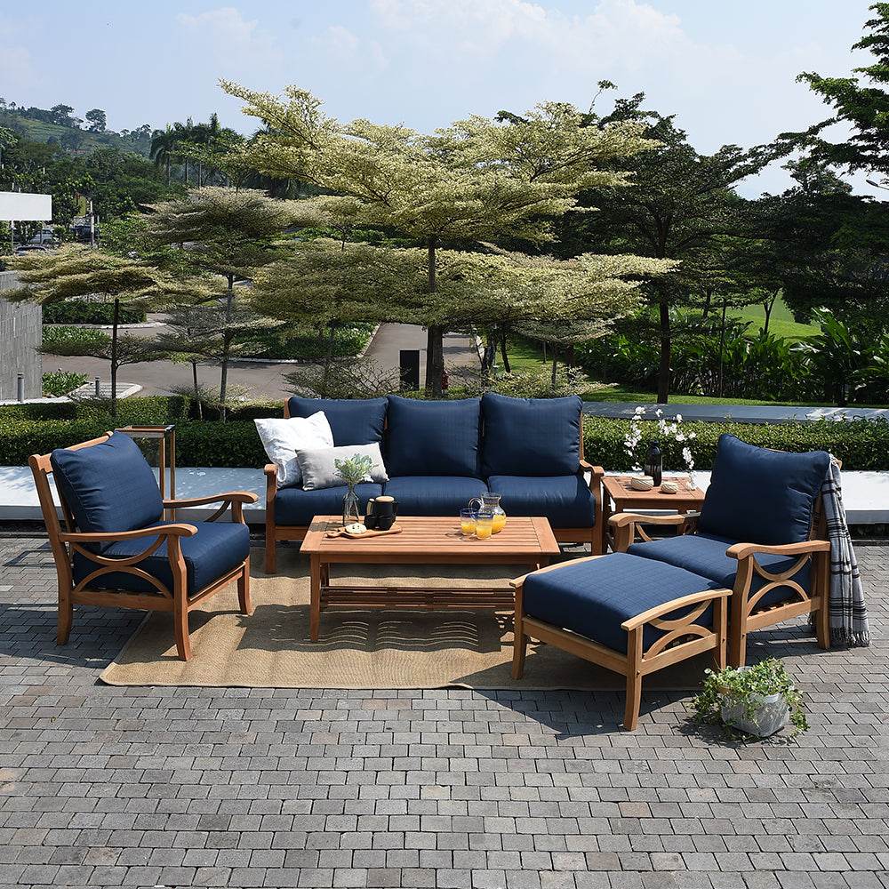 Abbington Teak Wood Outdoor Ottoman with Navy Cushion - Image 4
