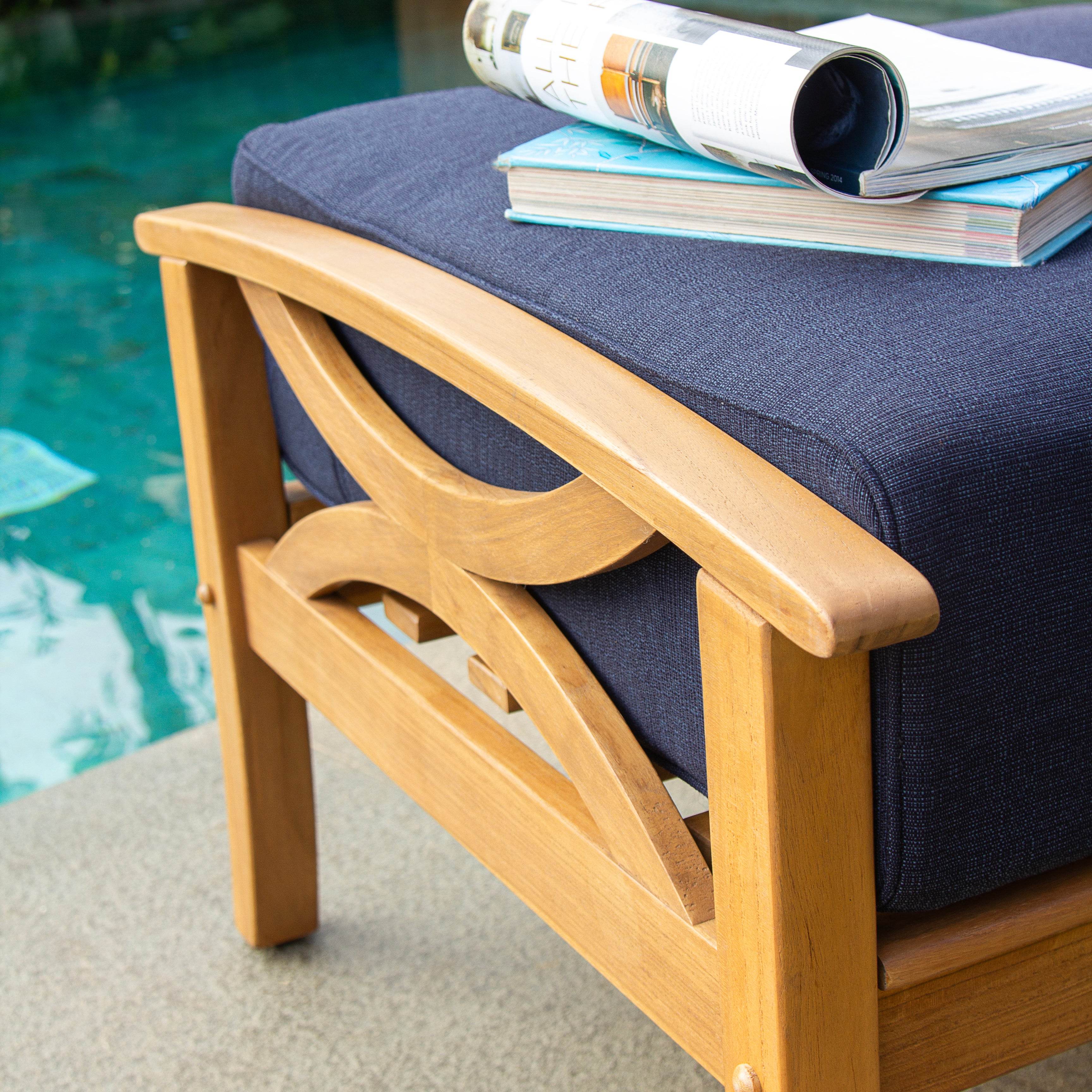Abbington Teak Wood Outdoor Ottoman with Navy Cushion - Image 6