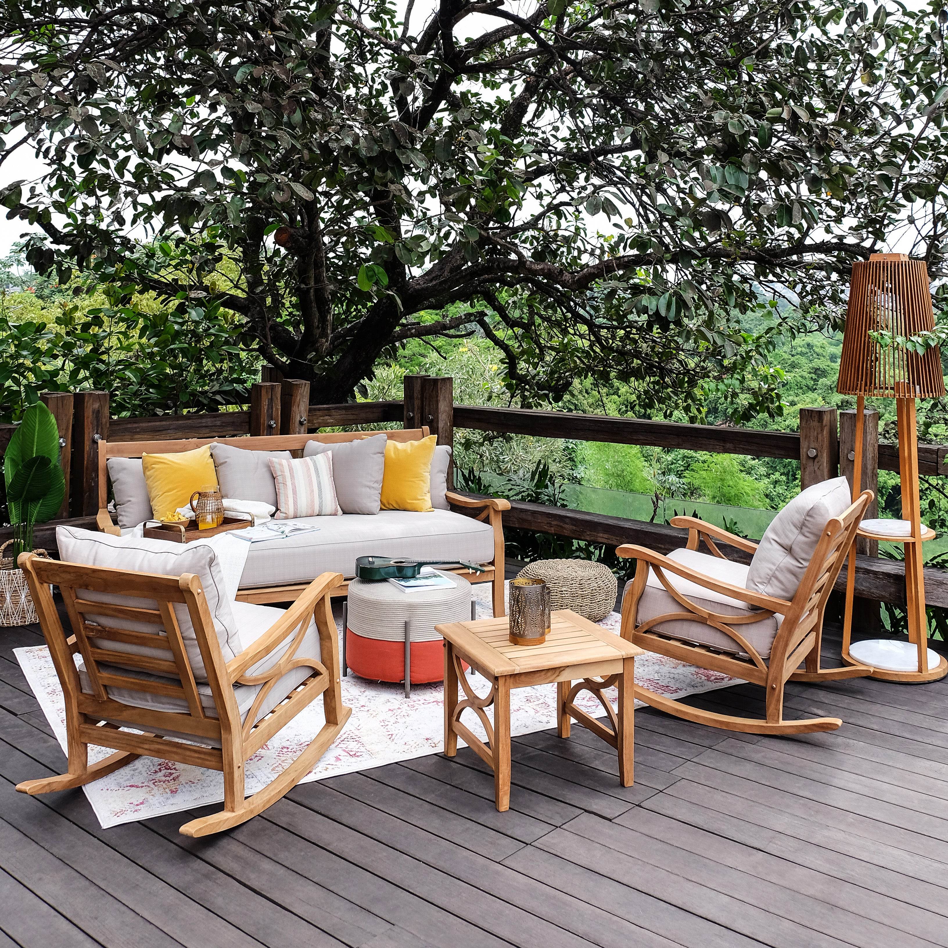 Abbington Teak Wood Outdoor Rocking Chair with Beige Cushion - Image 3