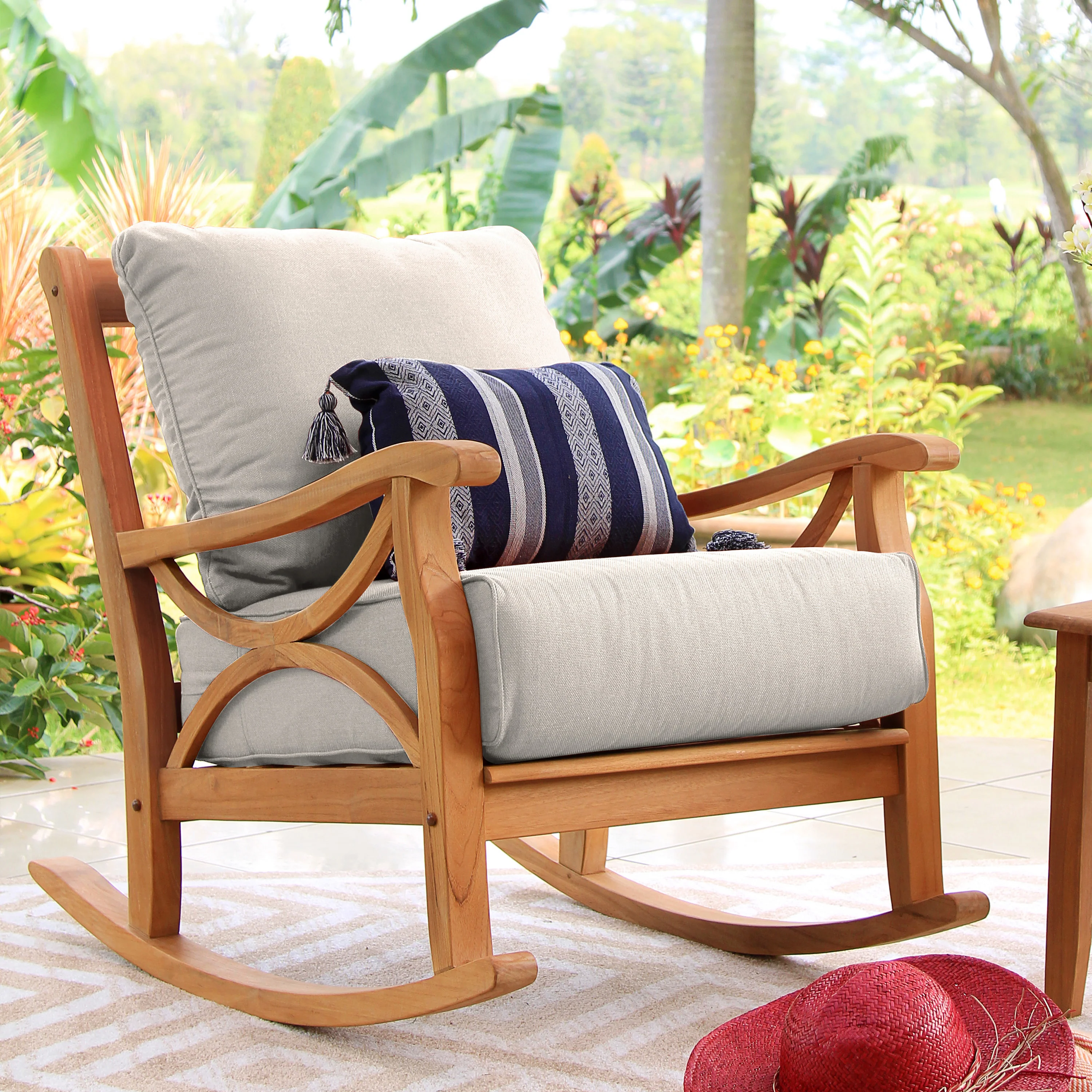 Abbington Teak Wood Outdoor Rocking Chair with Beige Cushion - Image 6