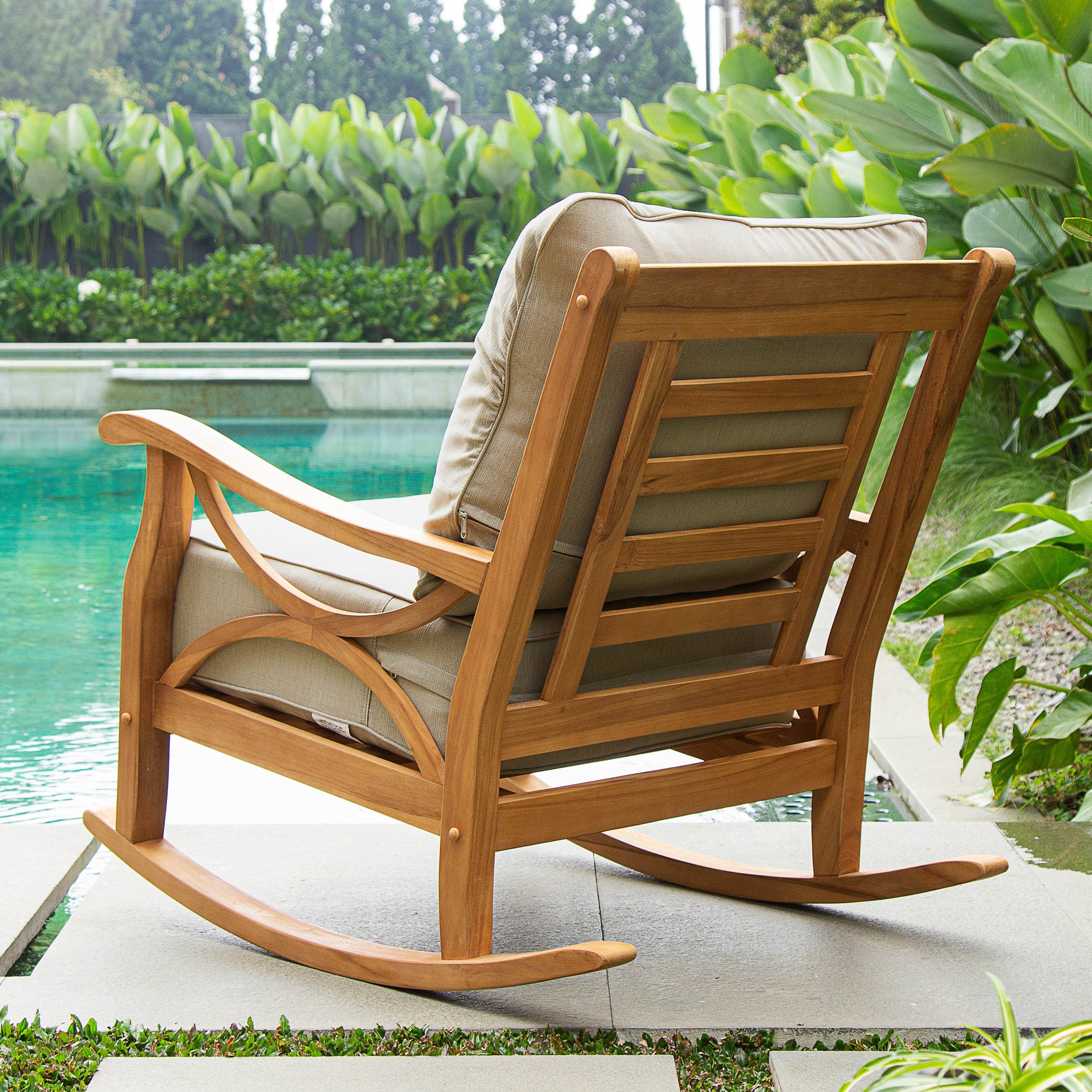 Abbington Teak Wood Outdoor Rocking Chair with Beige Cushion - Image 8