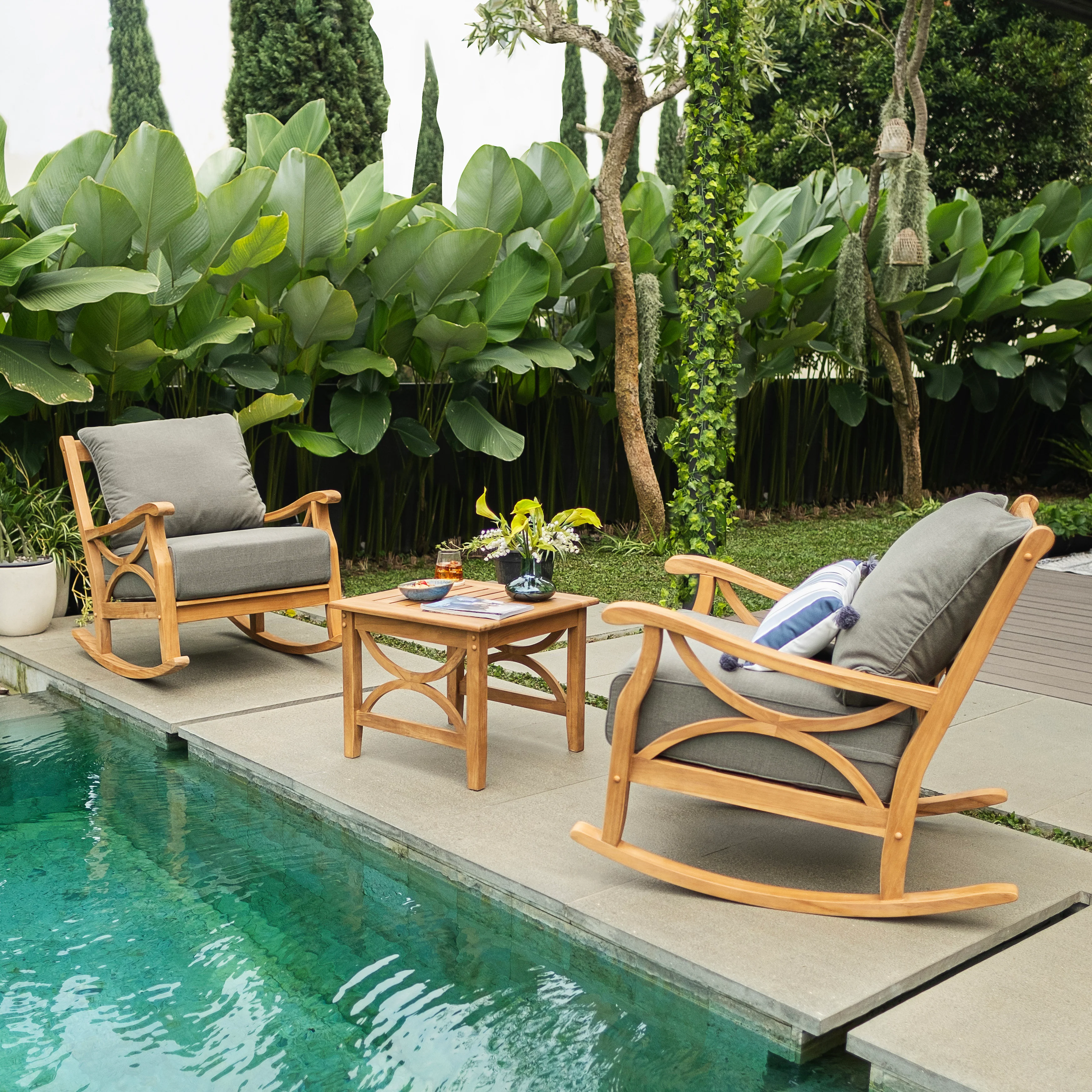 Abbington Teak Wood Outdoor Rocking Chair with Gray Cushion - Image 2