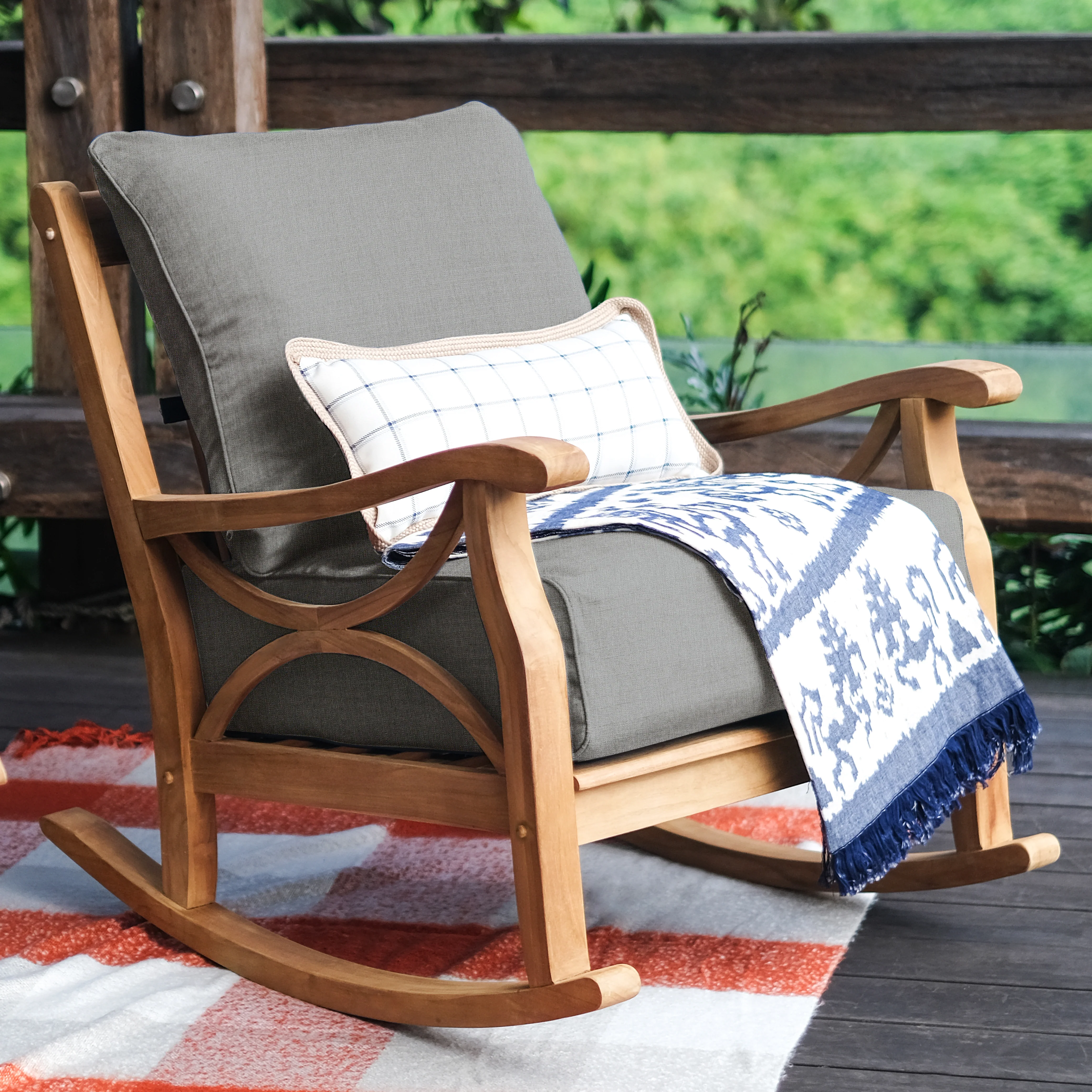Abbington Teak Wood Outdoor Rocking Chair with Gray Cushion - Image 3