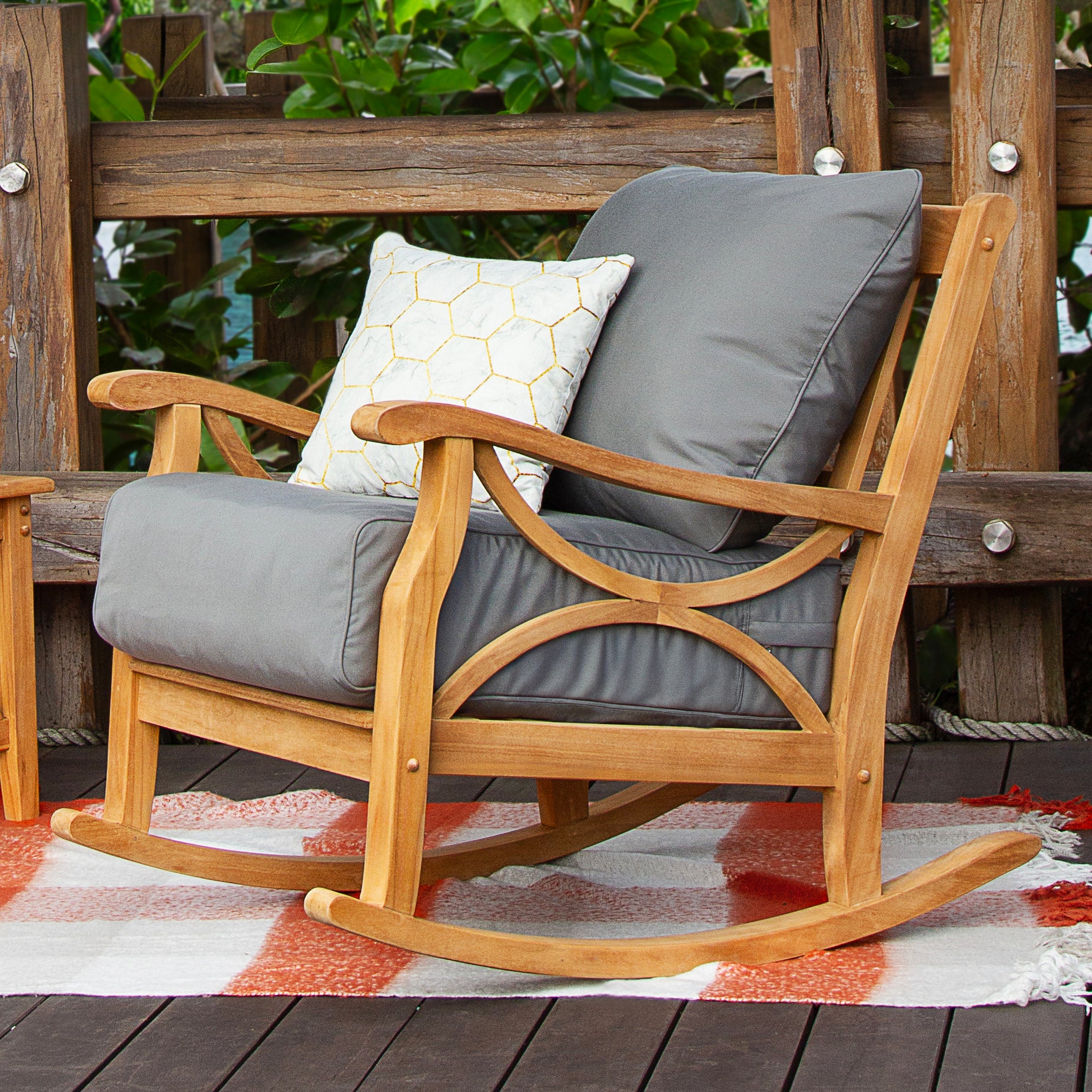 Abbington Teak Wood Outdoor Rocking Chair with Gray Cushion - Image 6