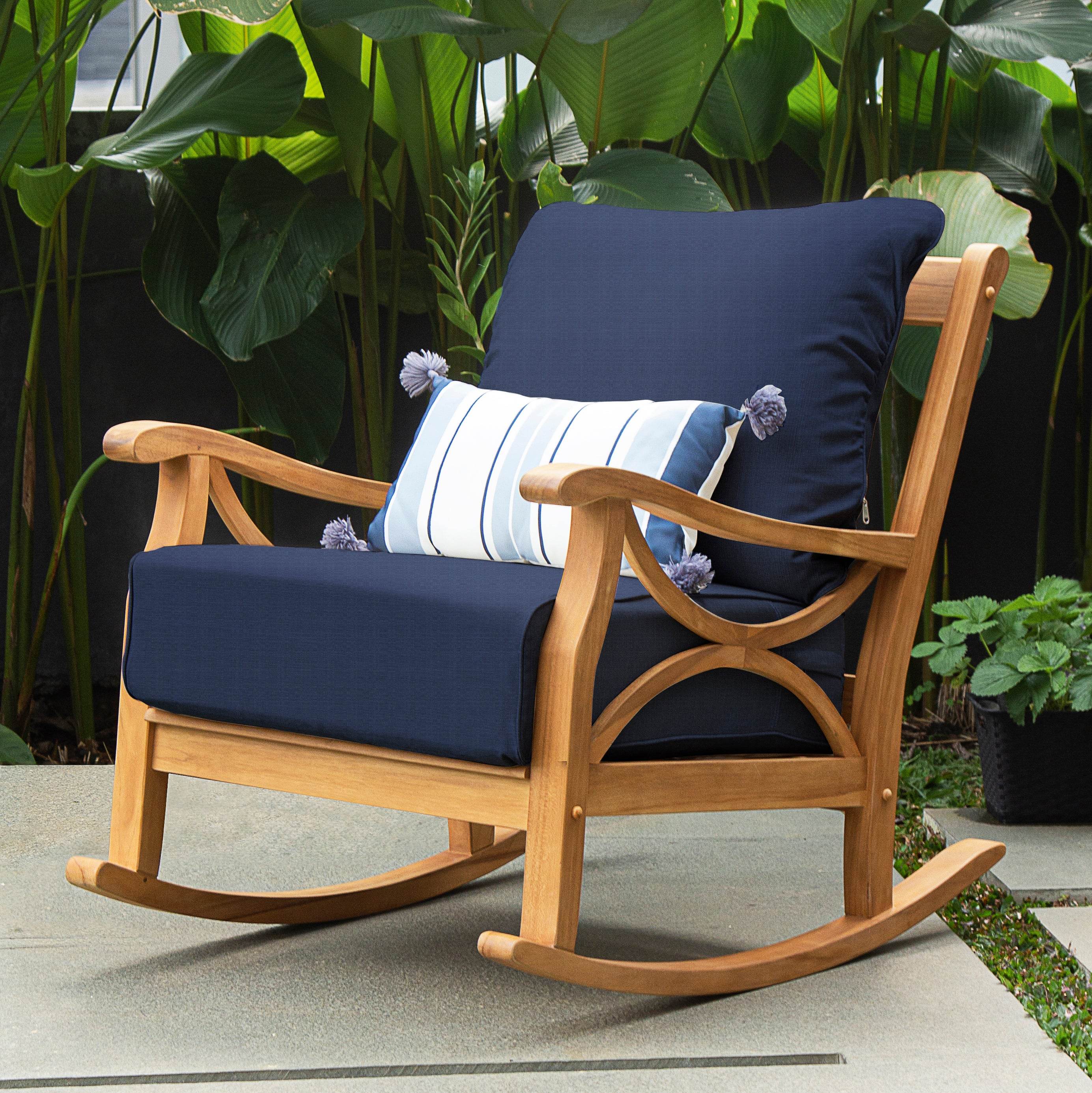 Abbington Teak Wood Outdoor Rocking Chair with Navy Cushion - Image 3