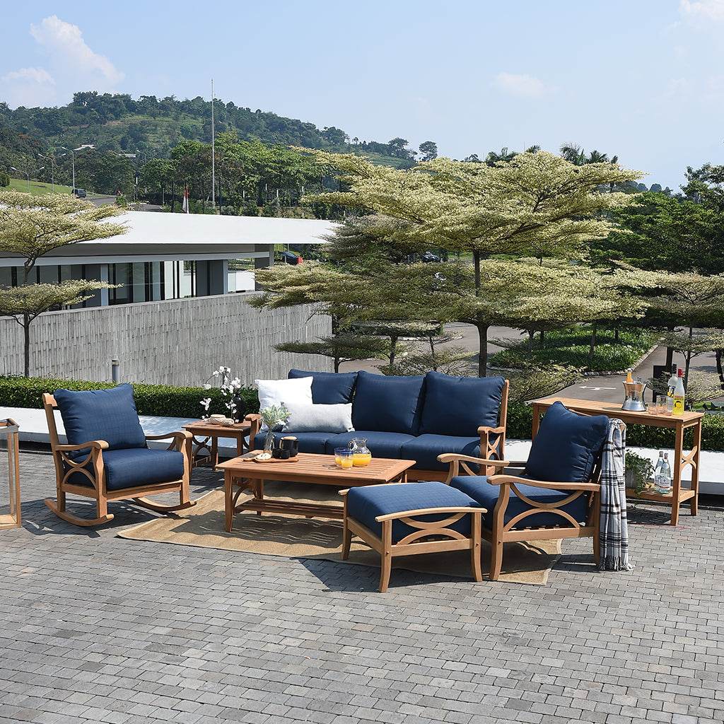Abbington Teak Wood Outdoor Rocking Chair with Navy Cushion - Image 6