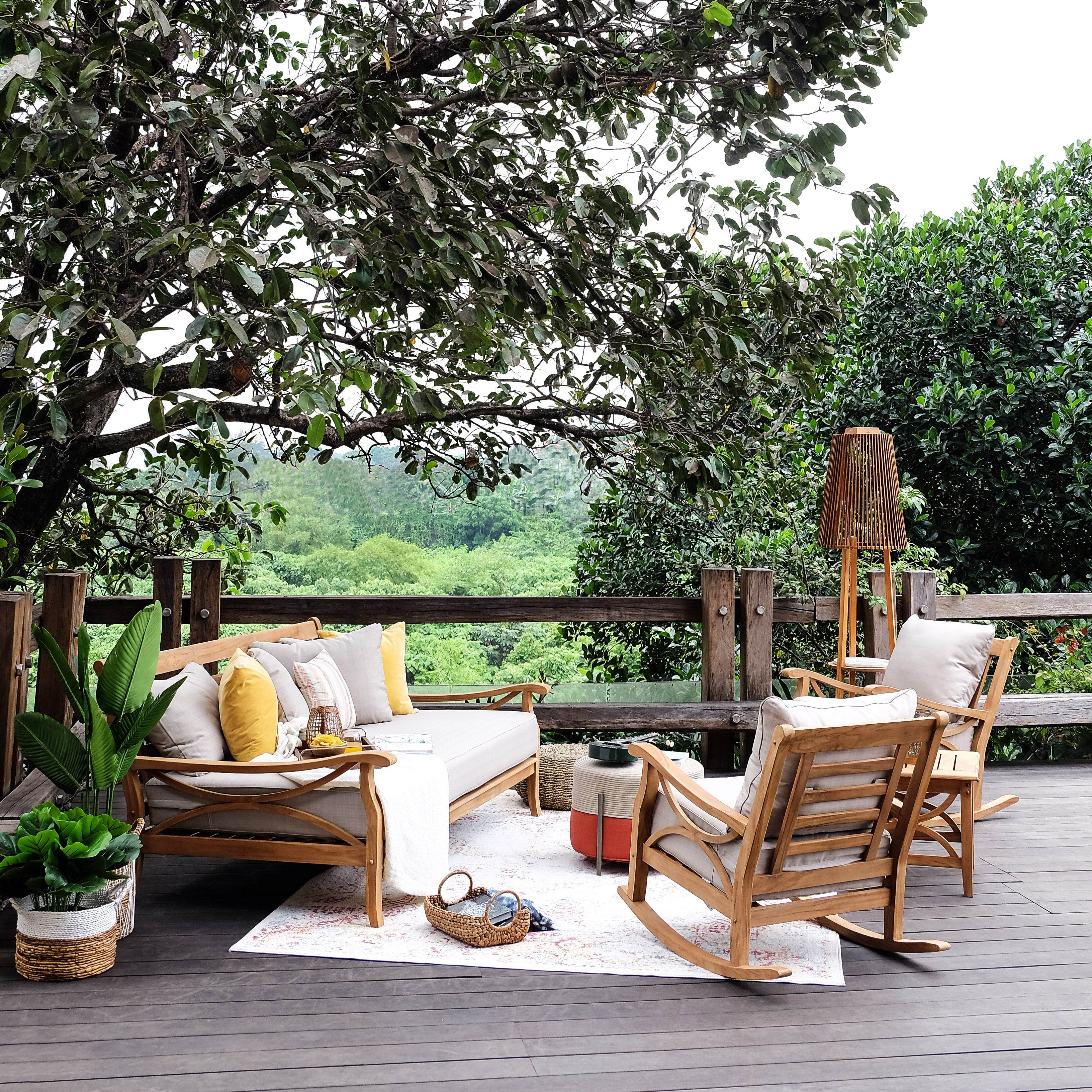 Abbington Teak Wood Patio Sofa Daybed with Beige Cushion - Image 3