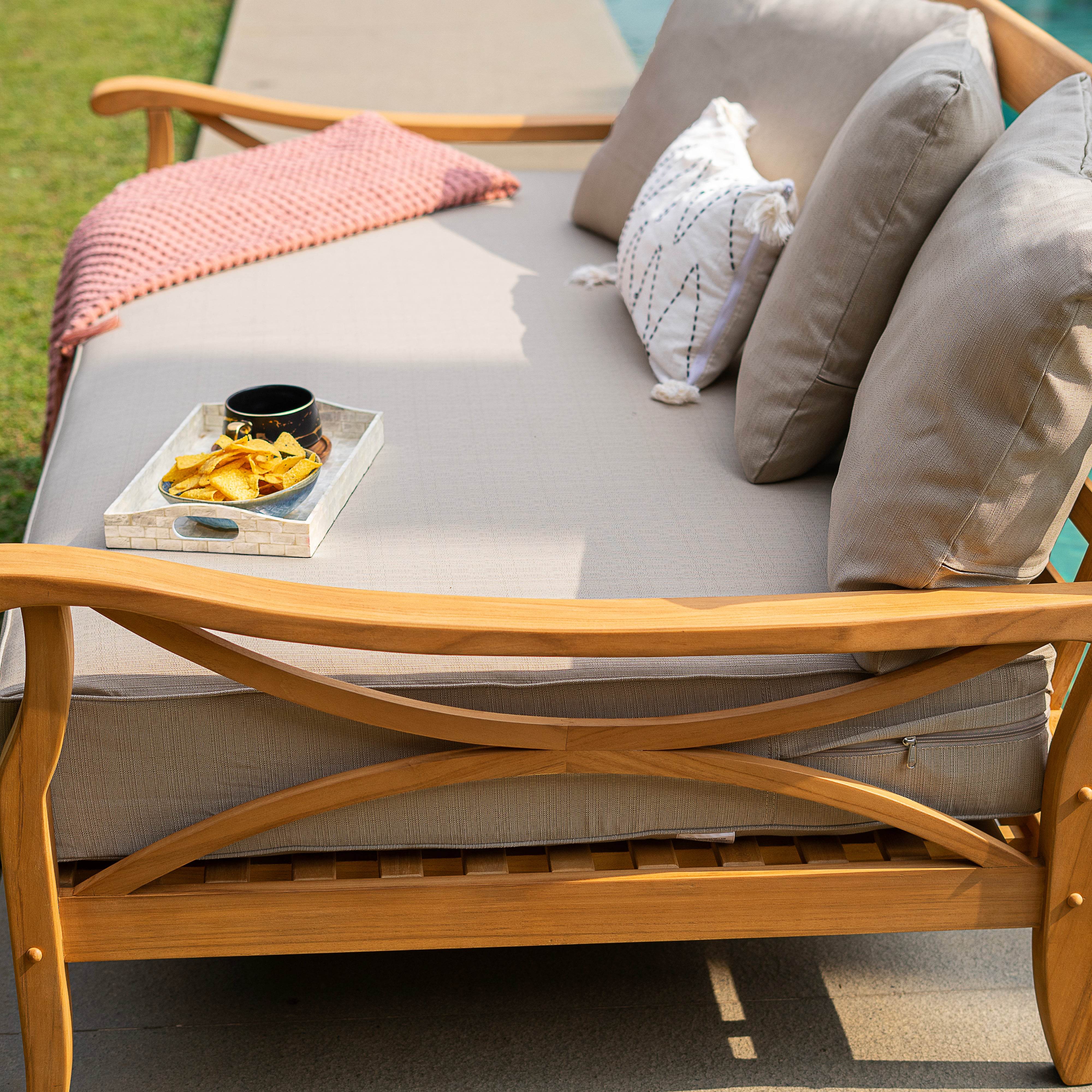 Abbington Teak Wood Patio Sofa Daybed with Beige Cushion - Image 4