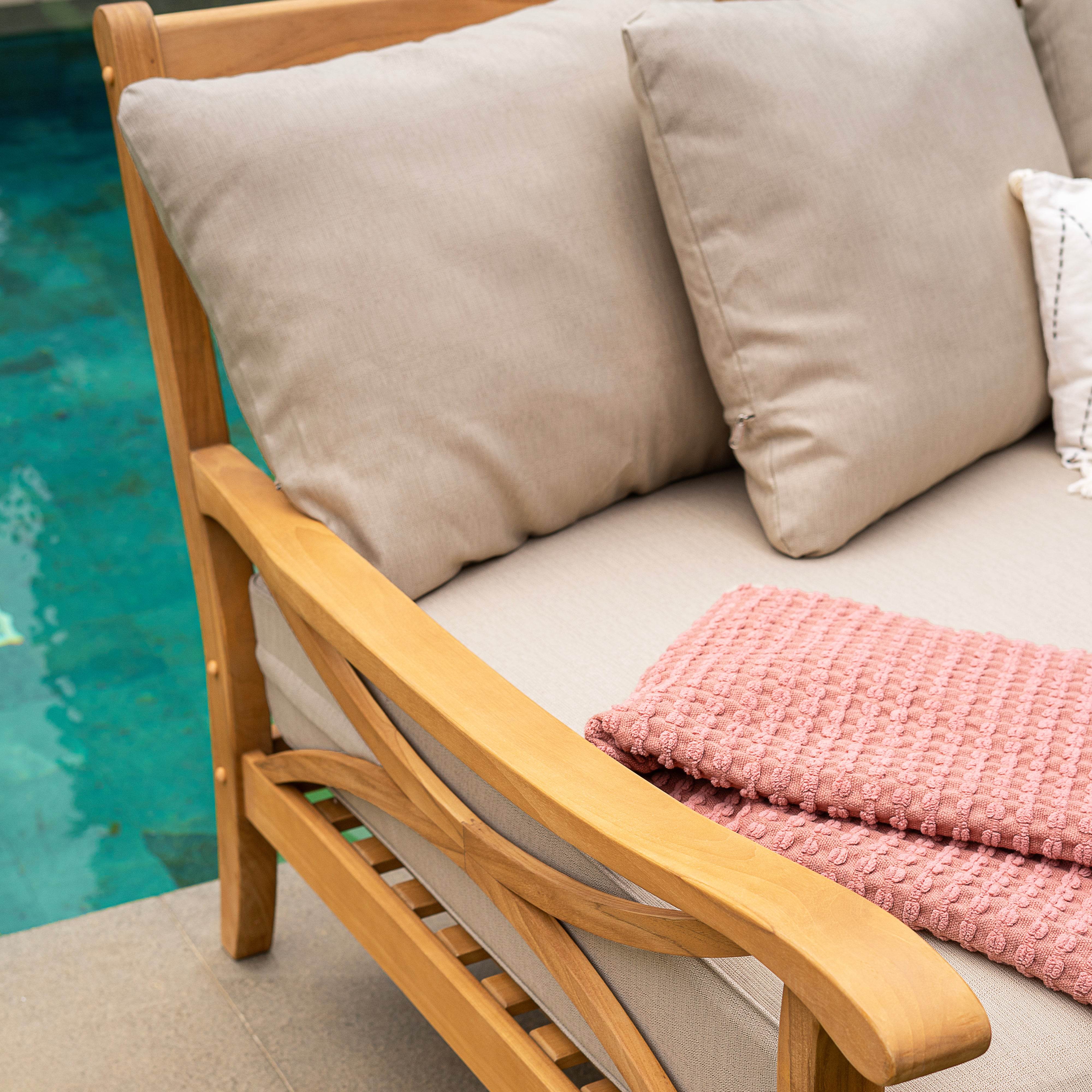 Abbington Teak Wood Patio Sofa Daybed with Beige Cushion - Image 6