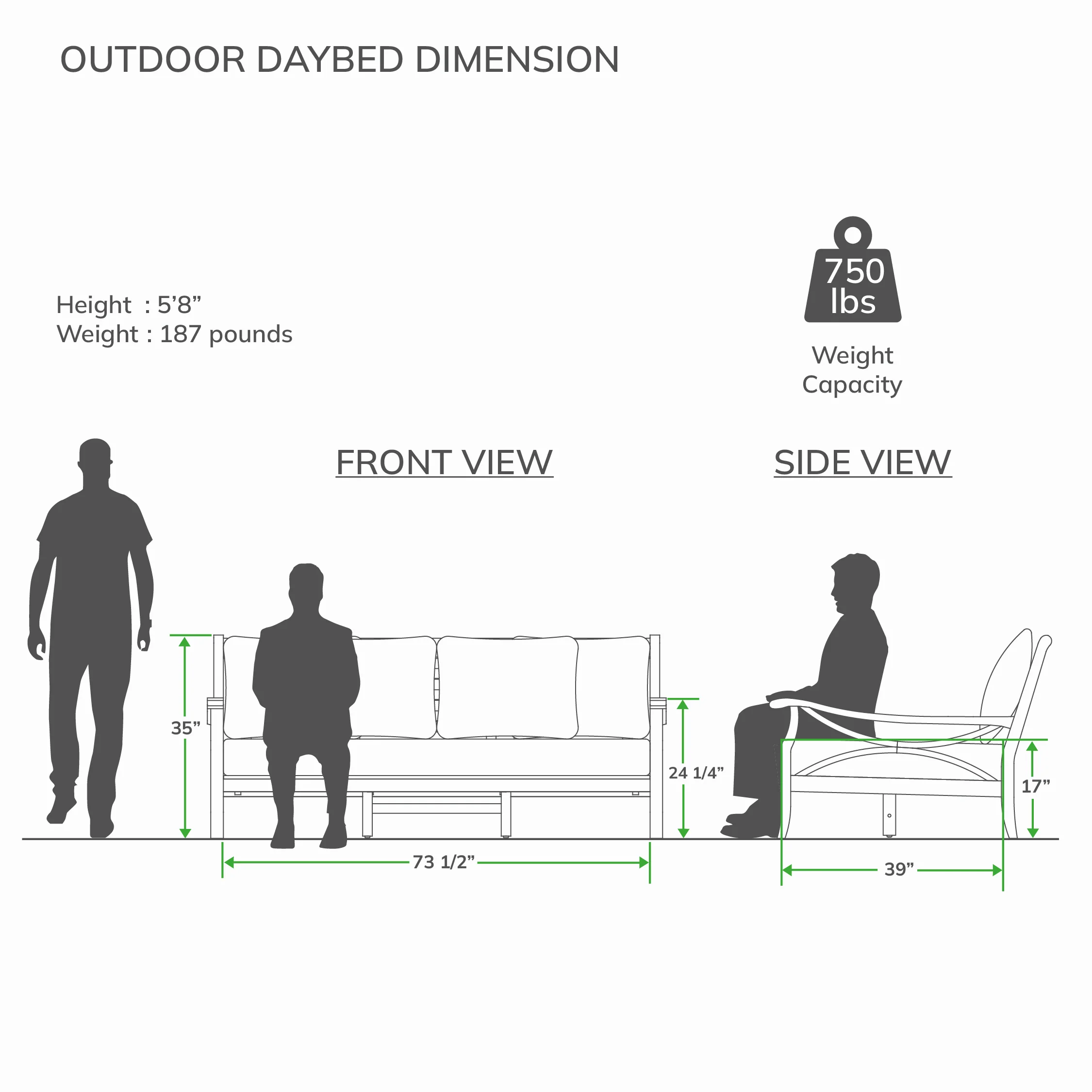 Abbington Teak Wood Patio Sofa Daybed with Gray Cushion - Image 8