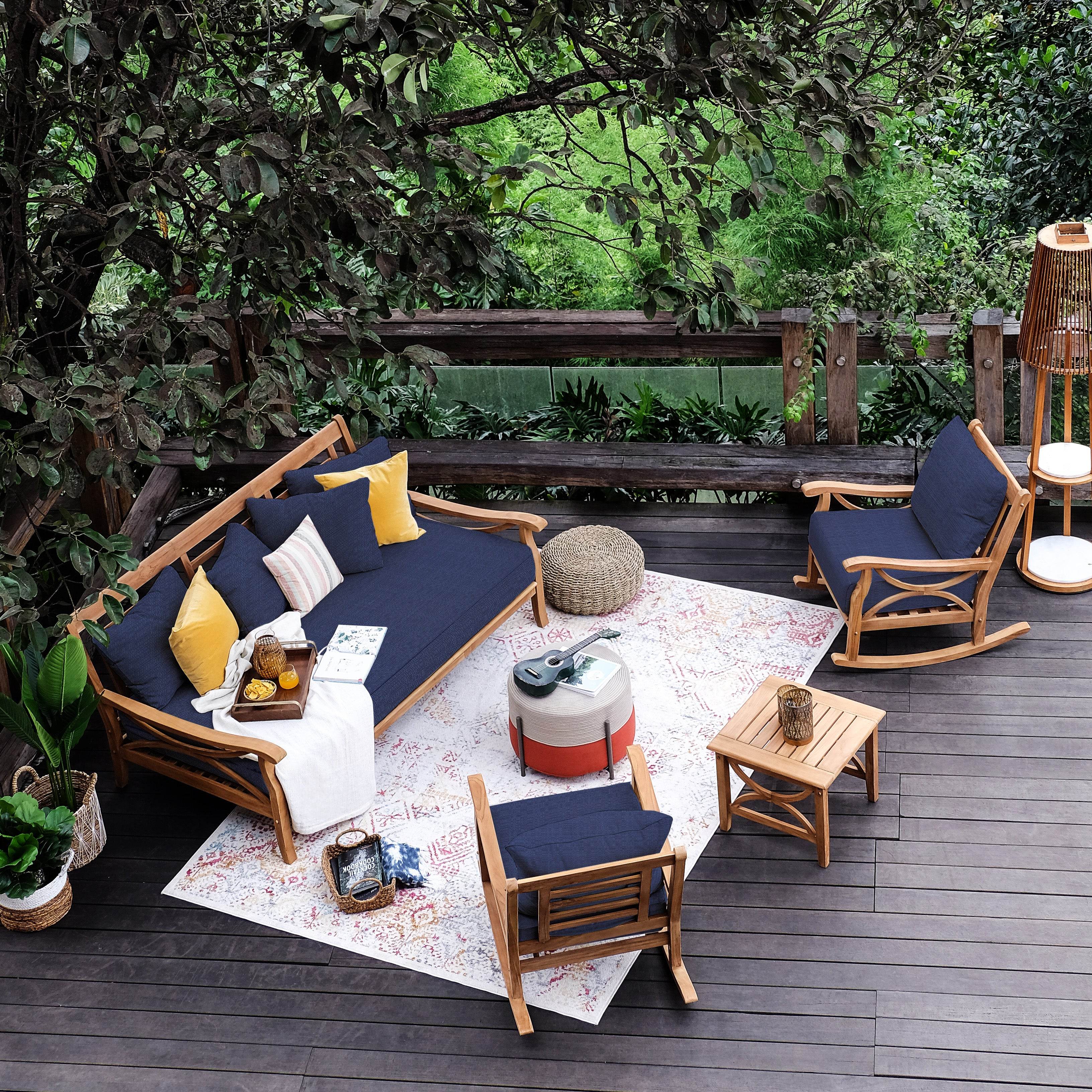 Abbington Teak Wood Patio Sofa Daybed with Navy Cushion - Image 4