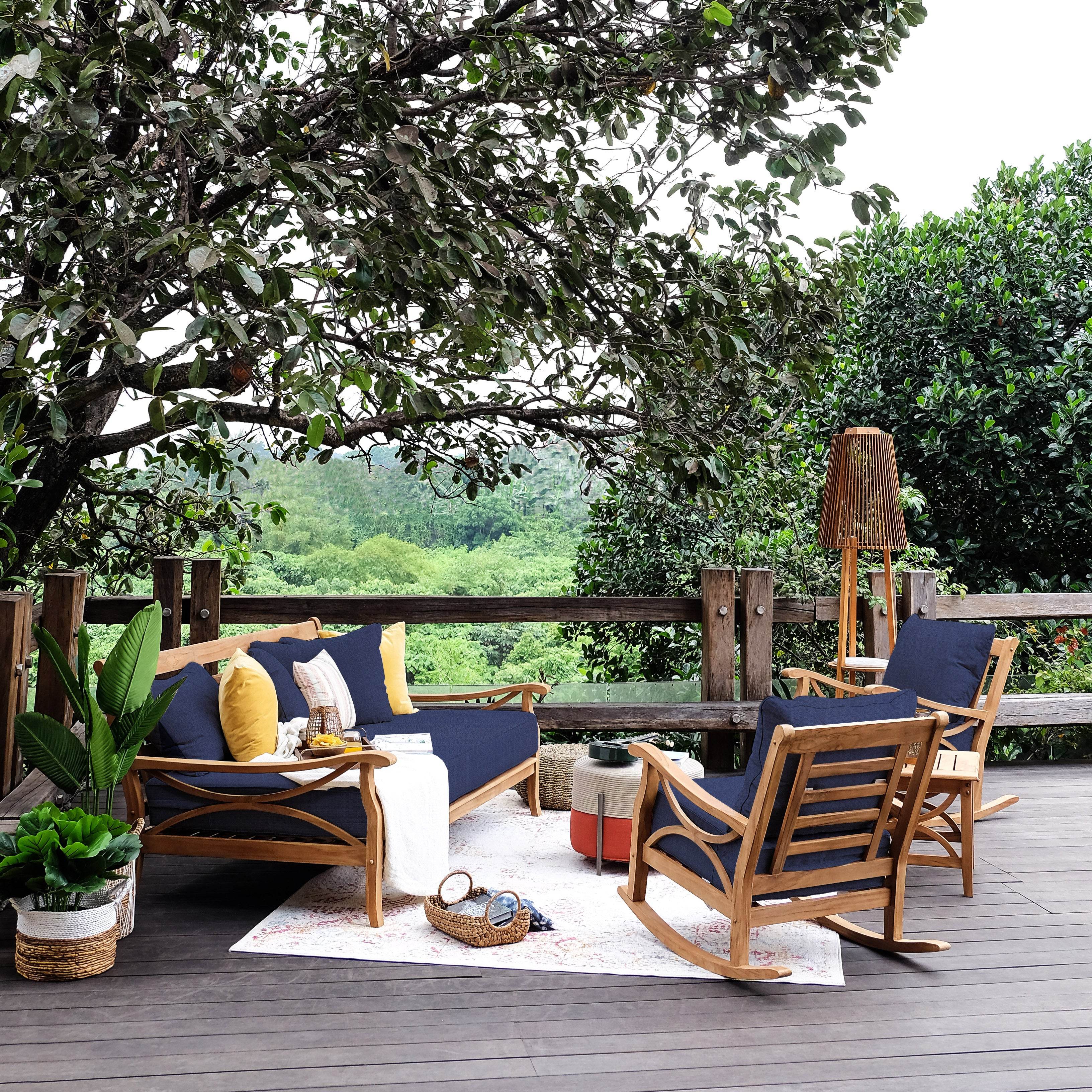 Abbington Teak Wood Patio Sofa Daybed with Navy Cushion - Image 6