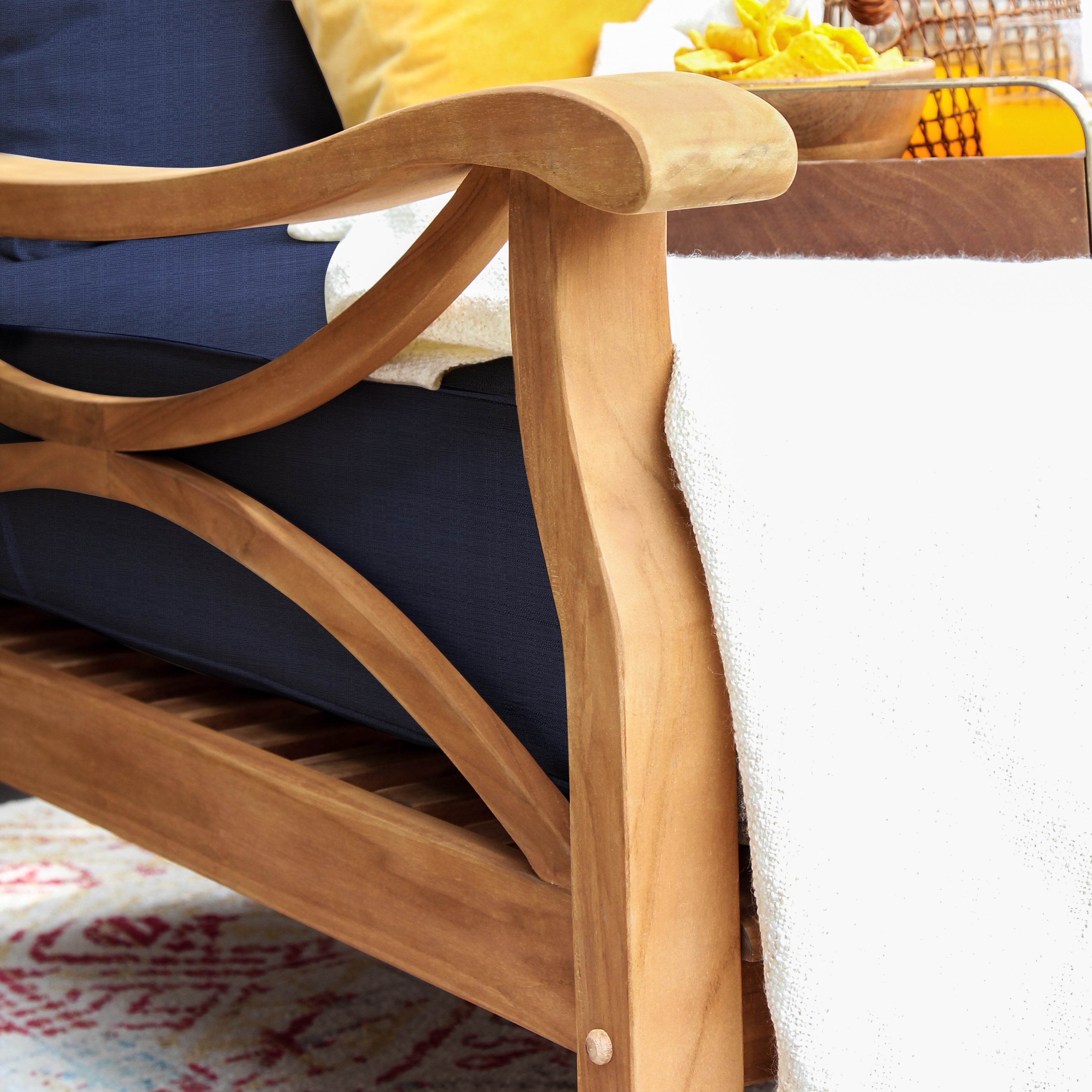 Abbington Teak Wood Patio Sofa Daybed with Navy Cushion - Image 7