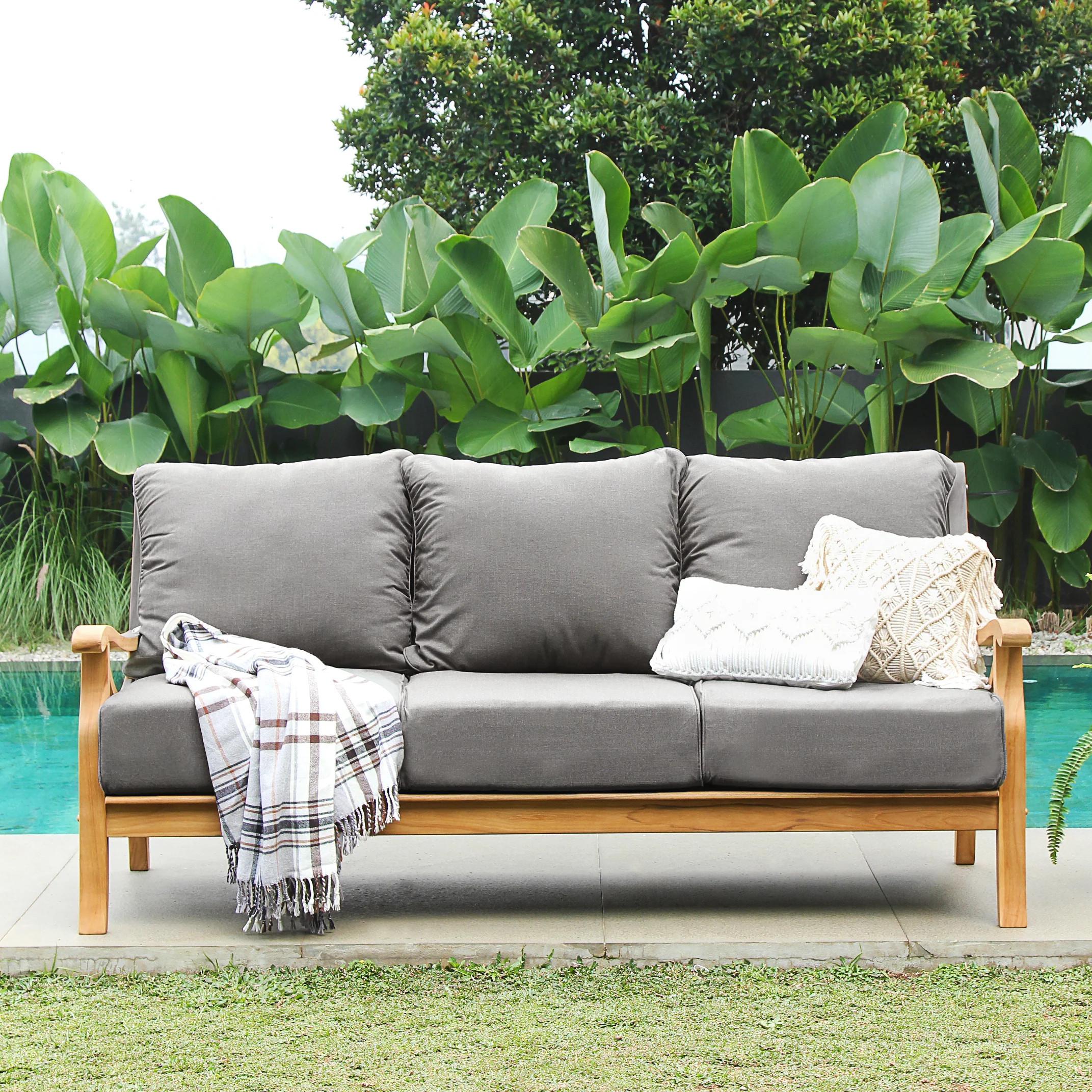 Abbington Teak Wood Patio Sofa with Gray Cushion - Image 3