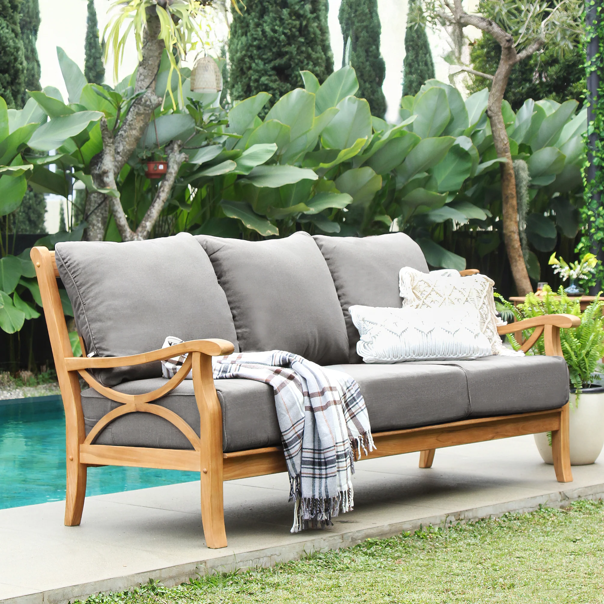 Abbington Teak Wood Patio Sofa with Gray Cushion - Image 4