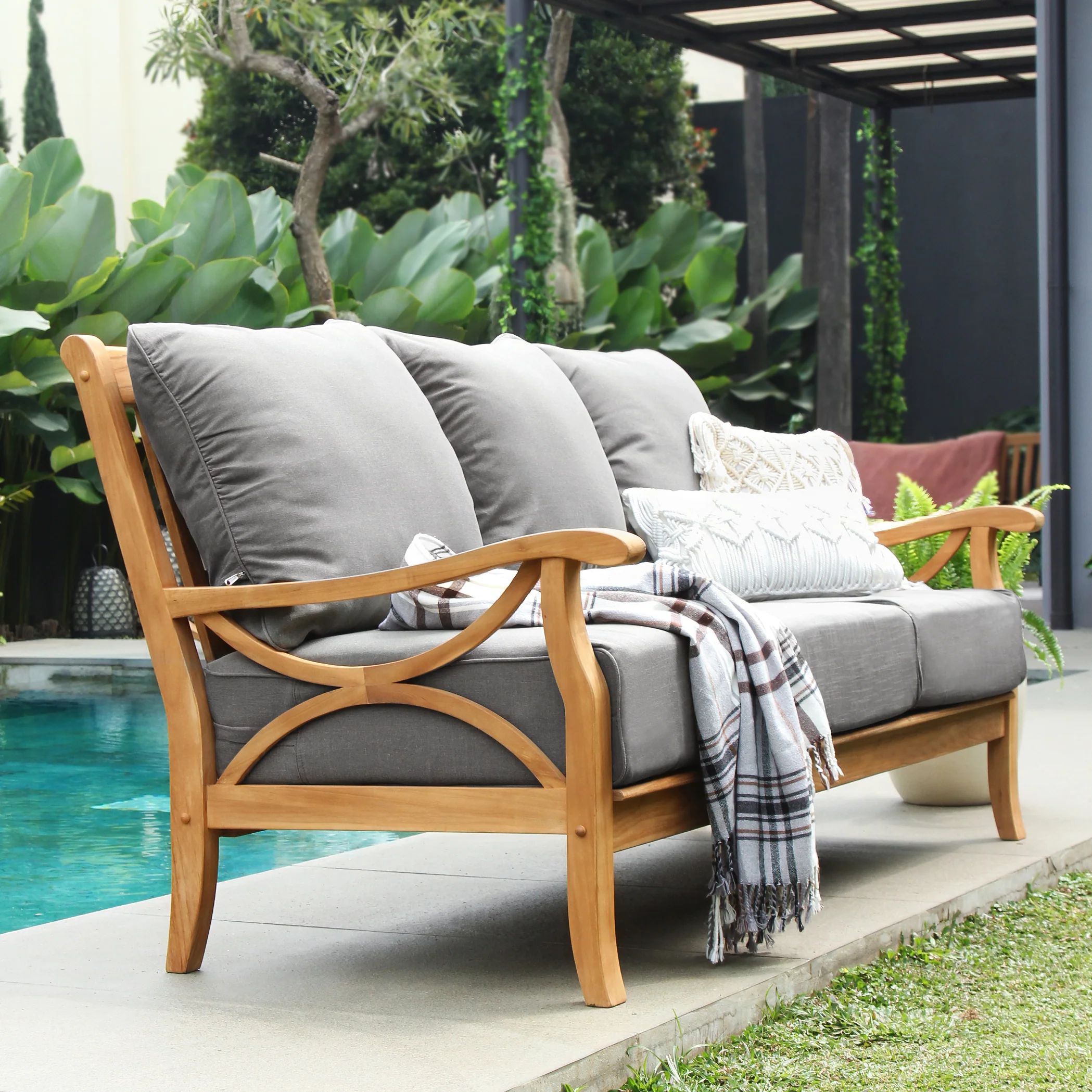 Abbington Teak Wood Patio Sofa with Gray Cushion - Image 6