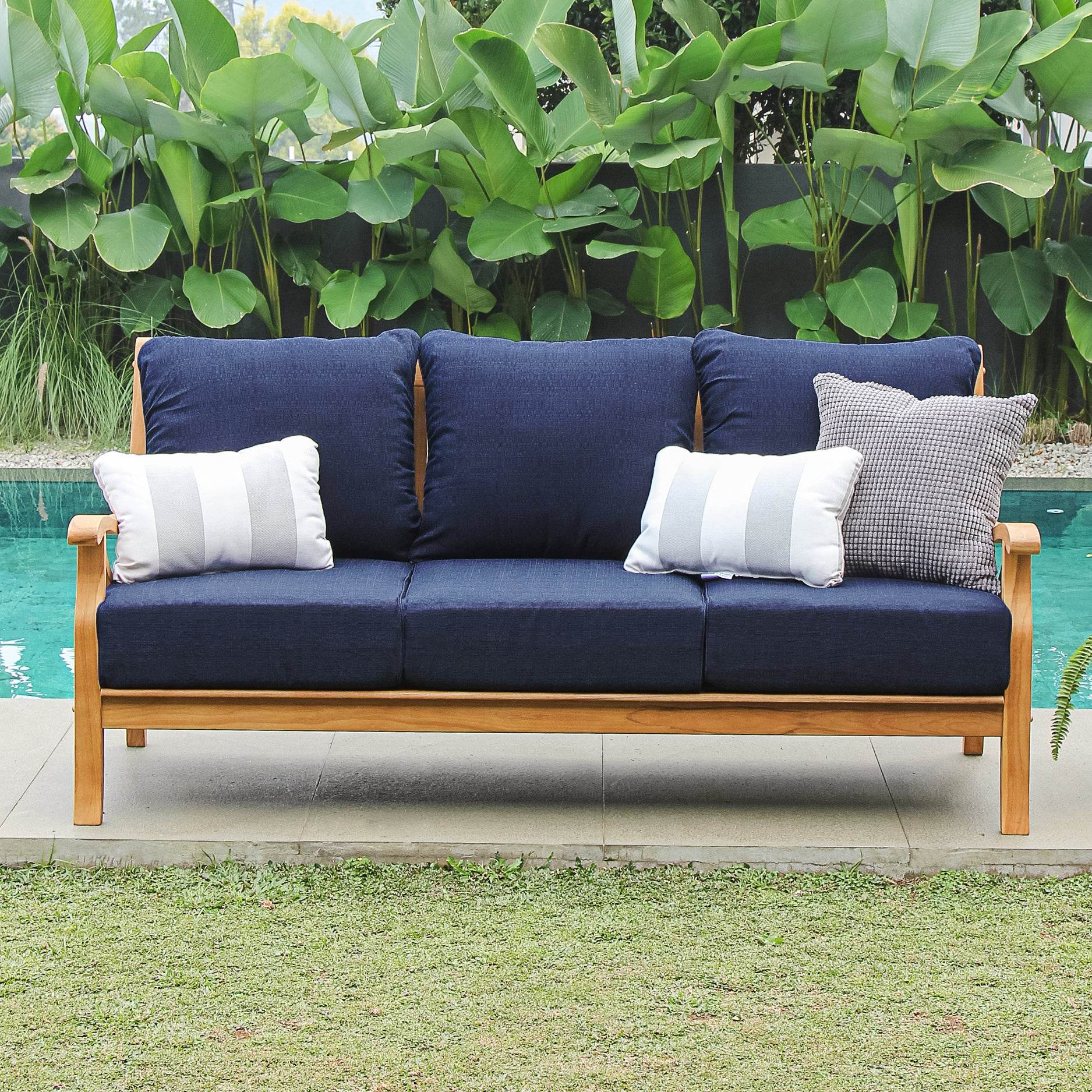Abbington Teak Wood Patio Sofa with Navy Cushion - Image 3
