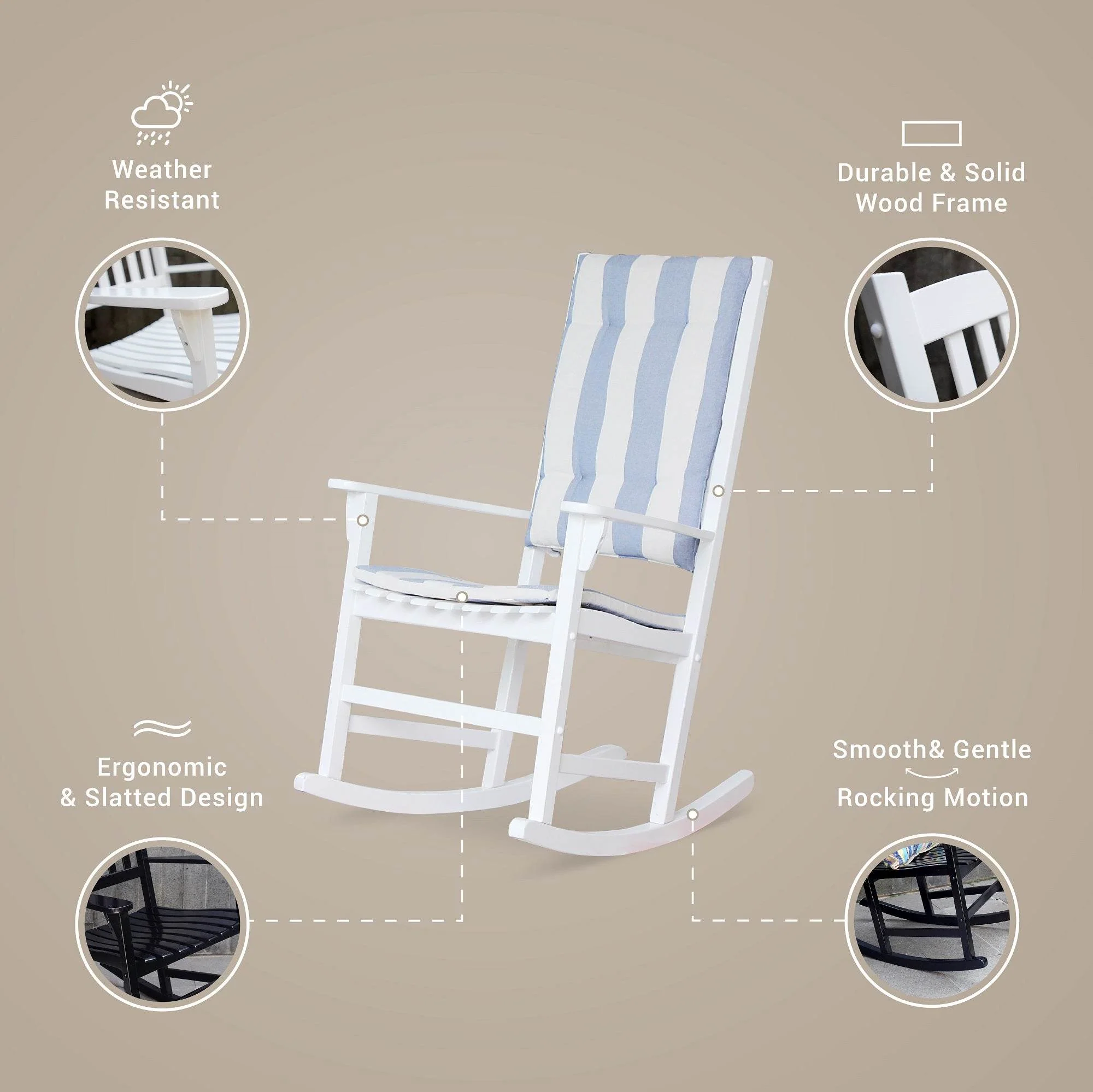 Alston Mahogany Wood Black Porch Rocking Chair with Blue Stripe Cushion - Image 3