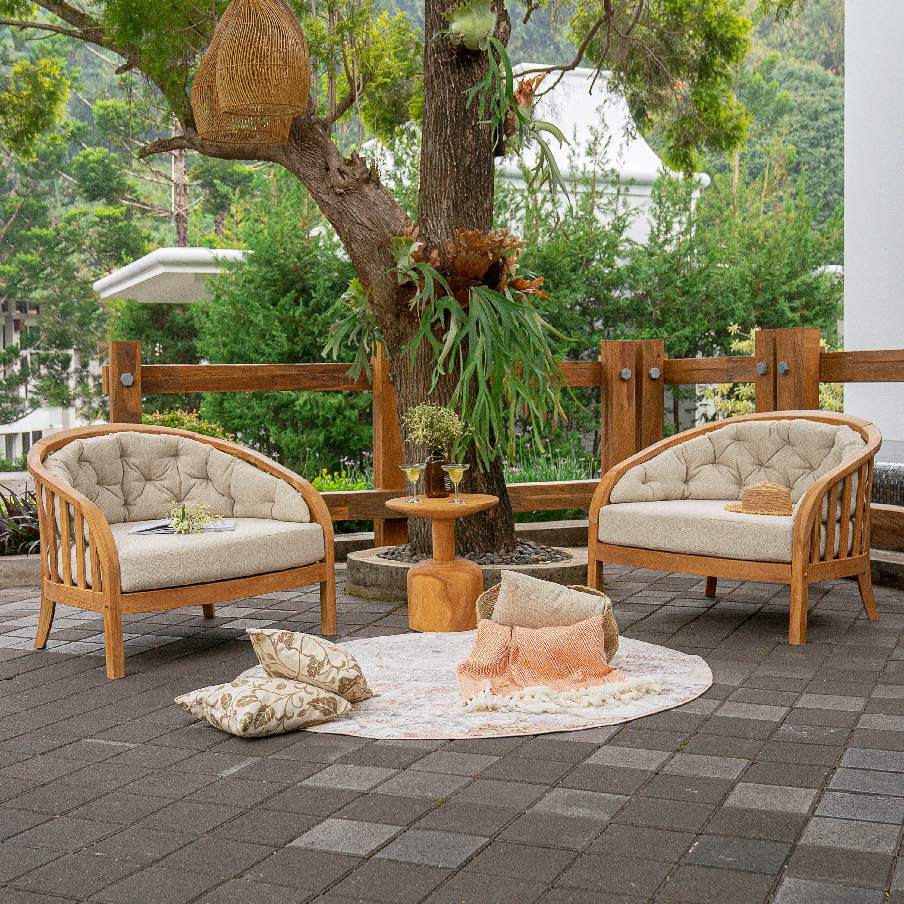 Bernese Teak Wood Outdoor Lounge Chair with Tan Cushion - Image 11