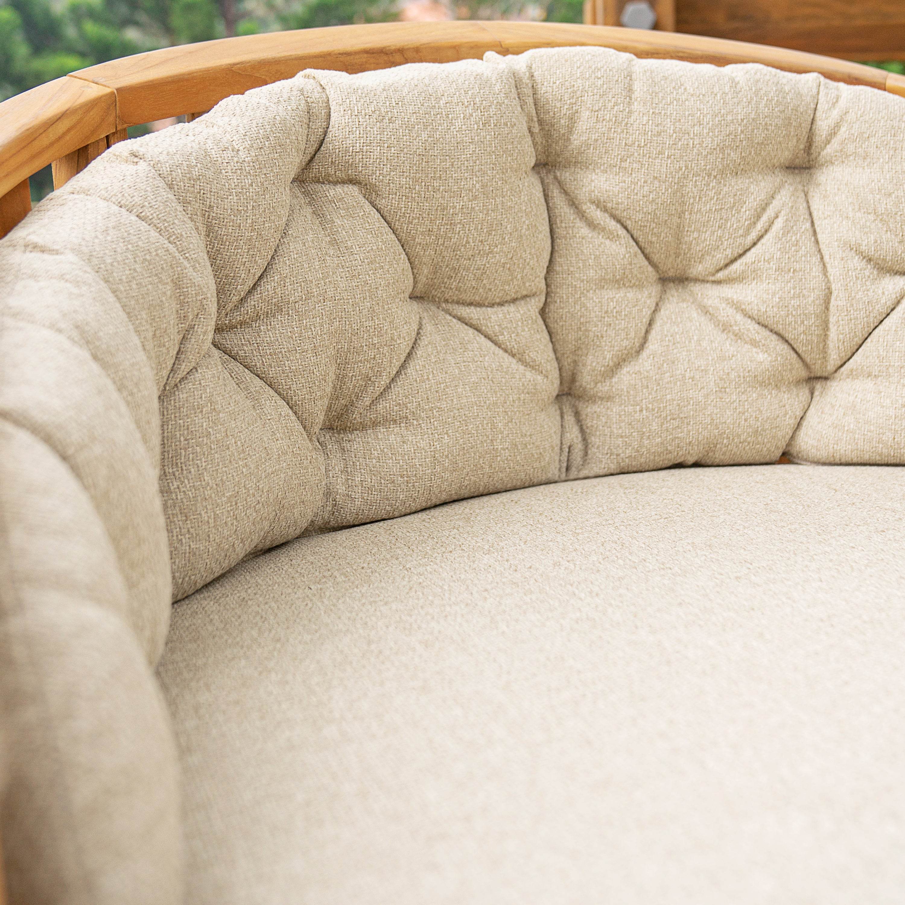 Bernese Teak Wood Outdoor Lounge Chair with Tan Cushion - Image 12