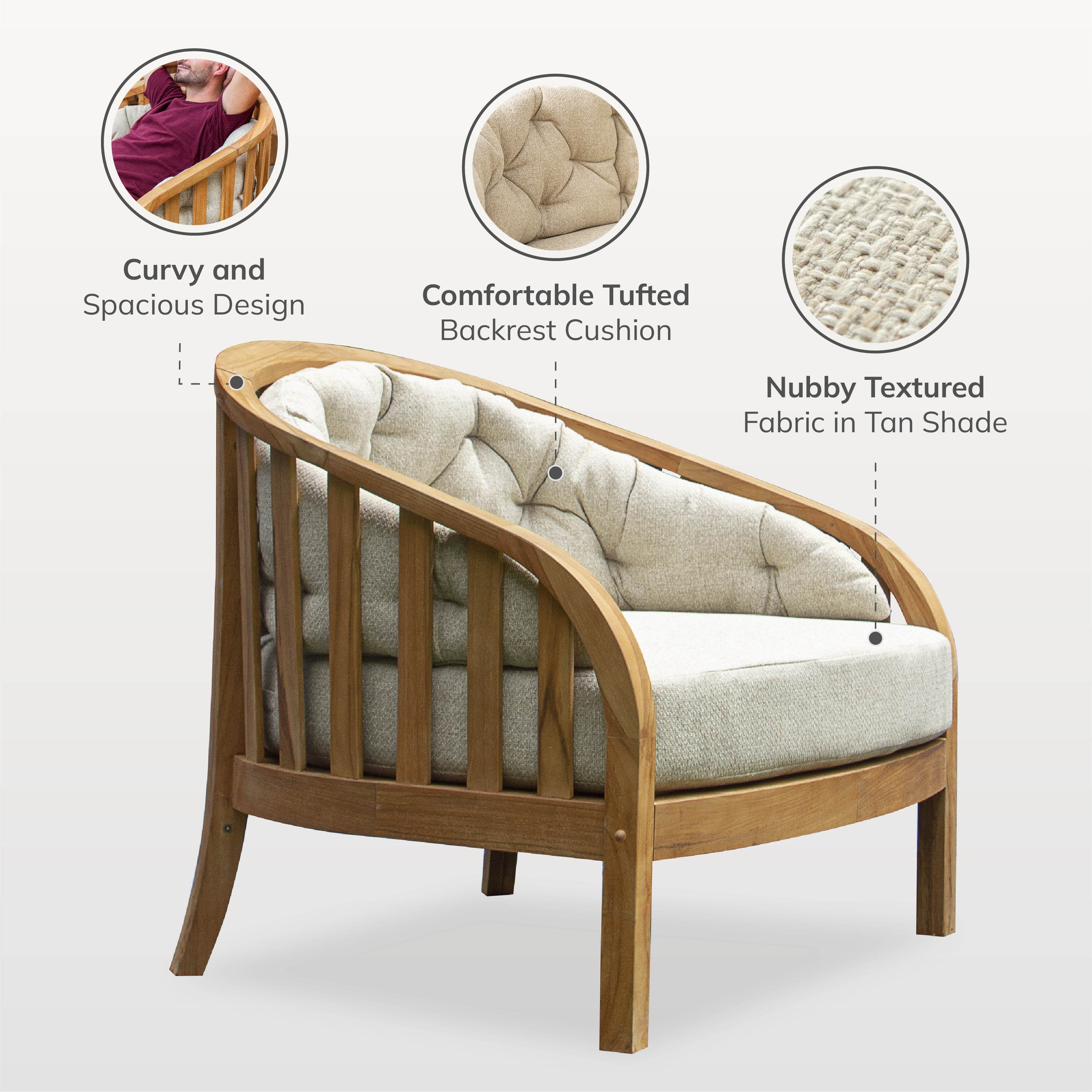 Bernese Teak Wood Outdoor Lounge Chair with Tan Cushion - Image 4