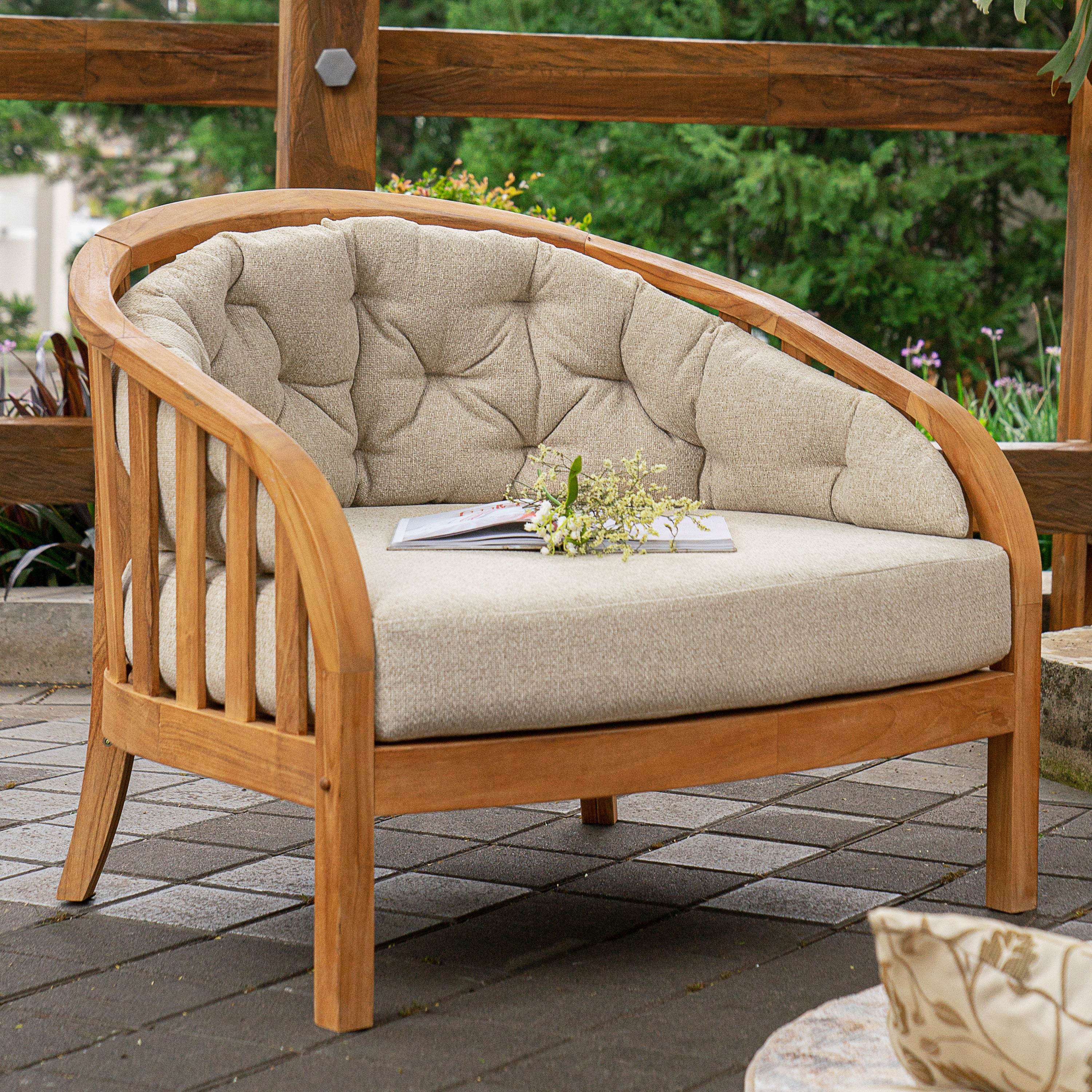 Bernese Teak Wood Outdoor Lounge Chair with Tan Cushion - Image 7