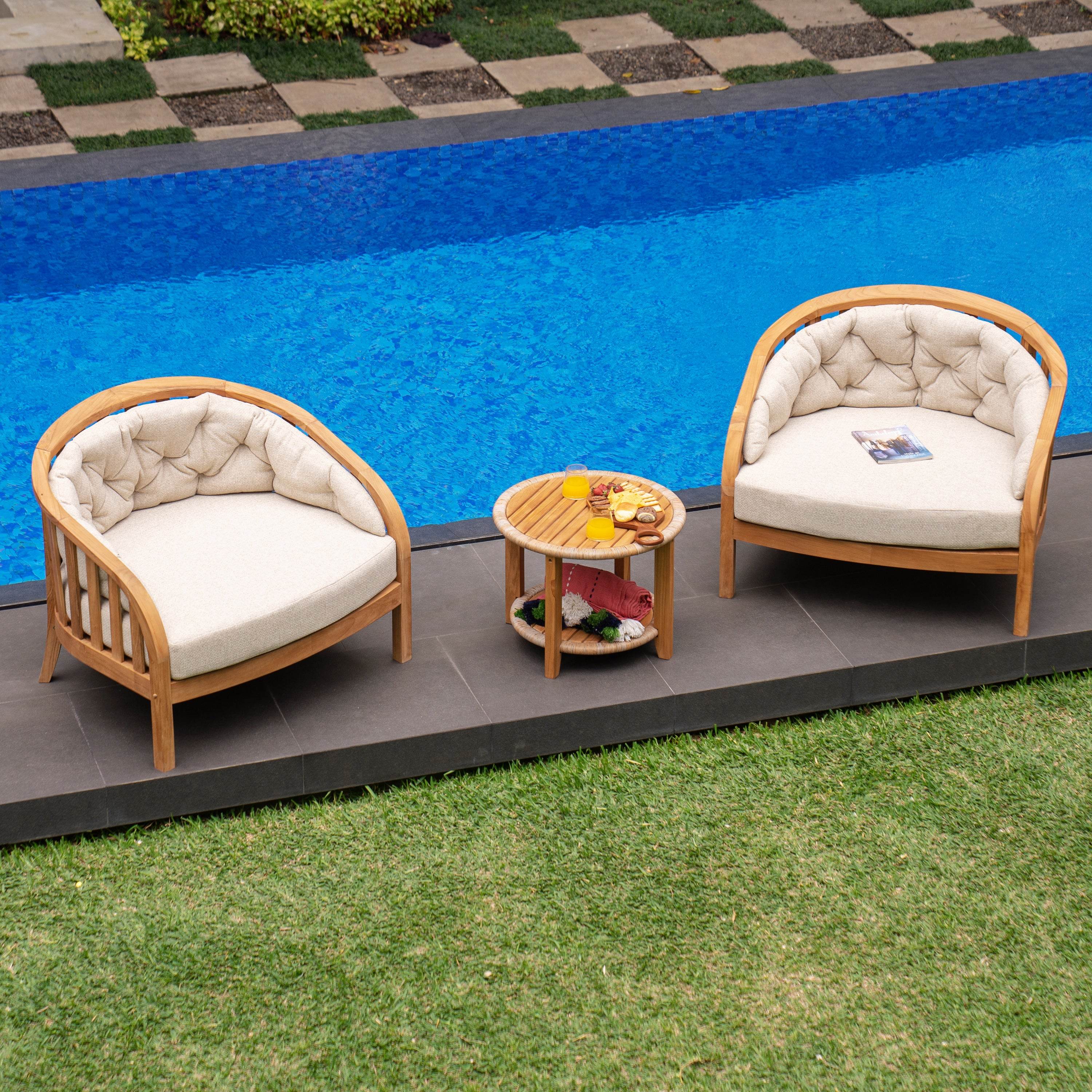 Bernese Teak Wood Outdoor Lounge Chair with Tan Cushion - Image 9