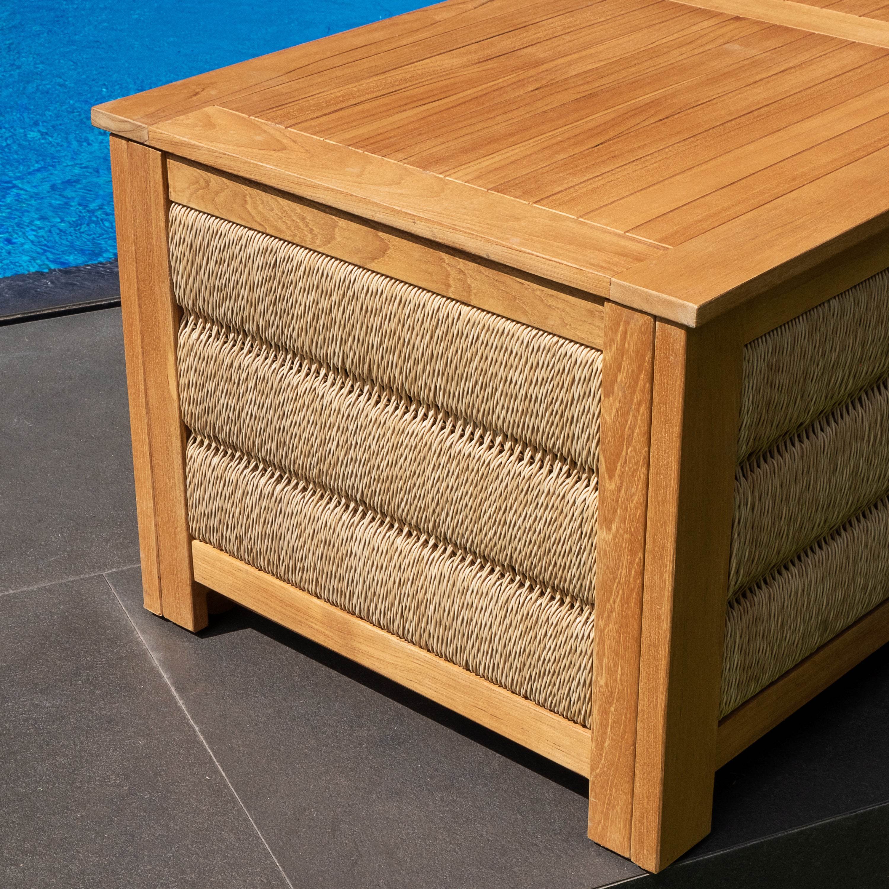 Blaine Teak Wood Outdoor Storage Deck Box with Brown Wicker - Image 10