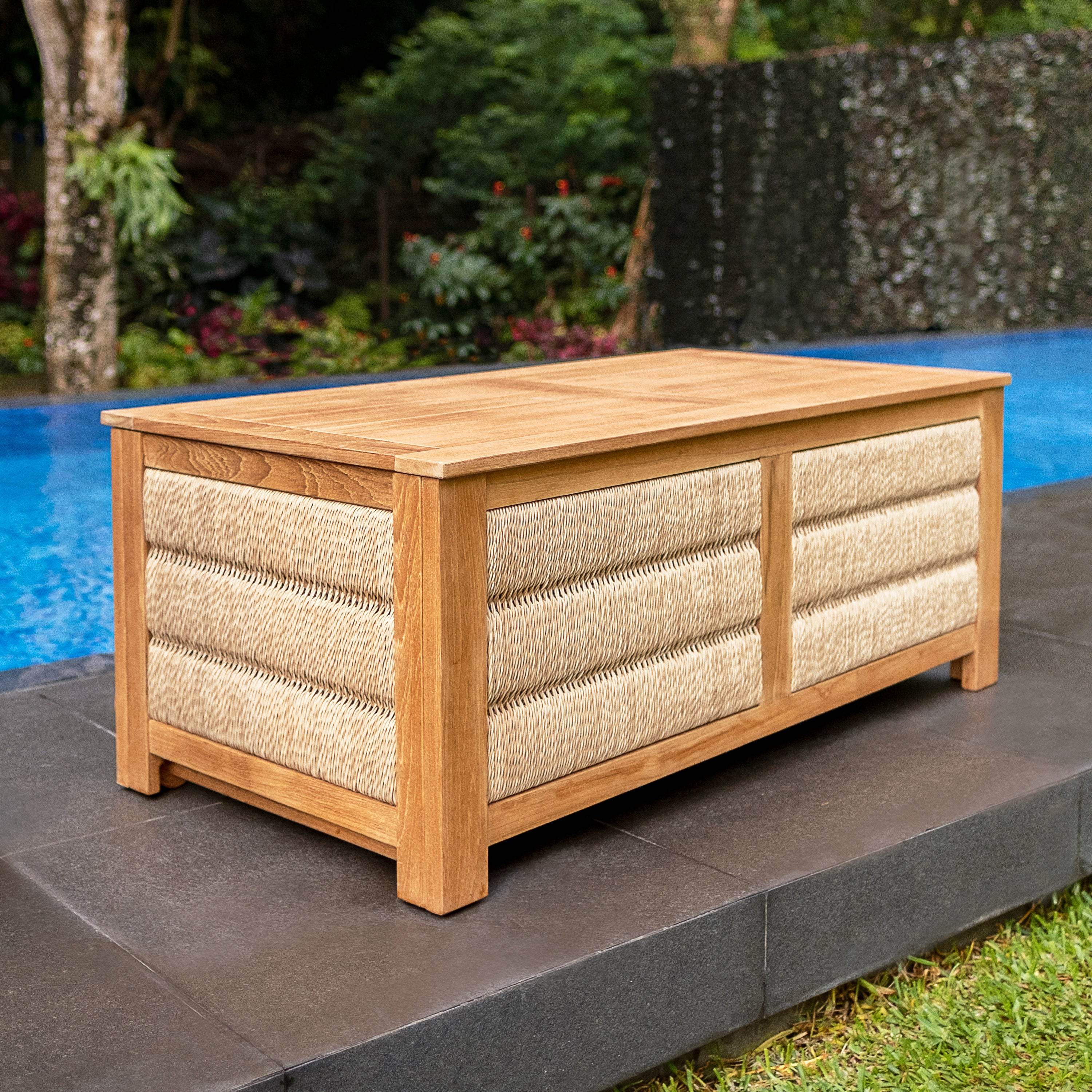 Blaine Teak Wood Outdoor Storage Deck Box with Brown Wicker - Image 3