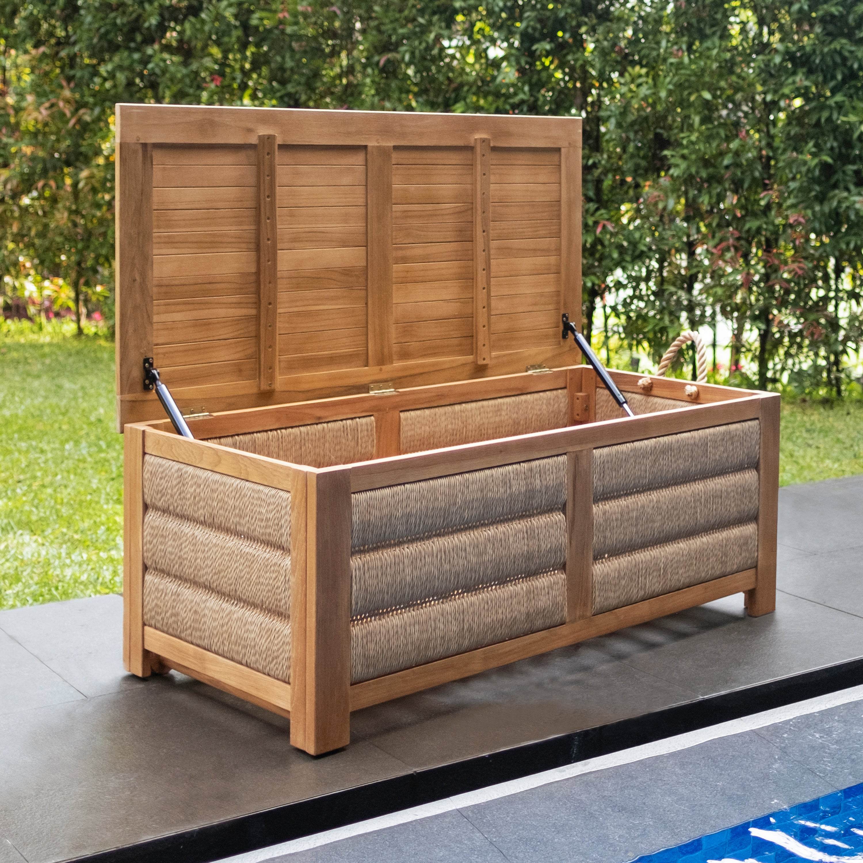 Blaine Teak Wood Outdoor Storage Deck Box with Brown Wicker - Image 4