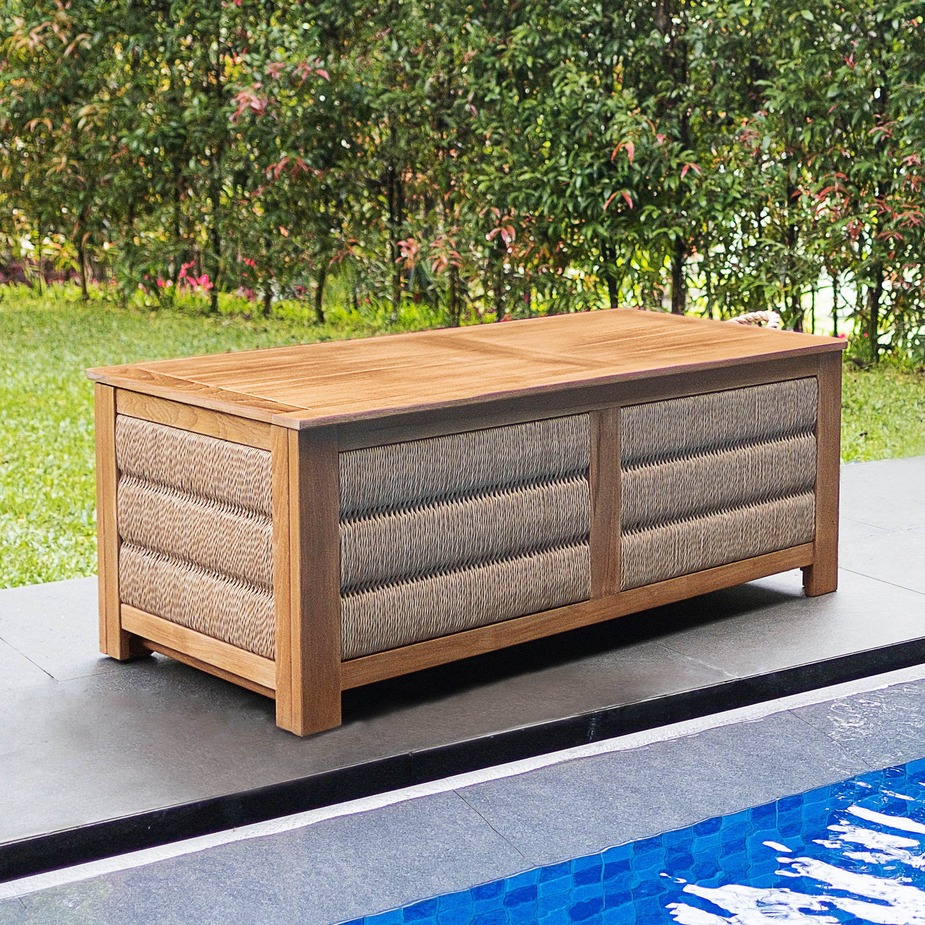 Blaine Teak Wood Outdoor Storage Deck Box with Brown Wicker - Image 6