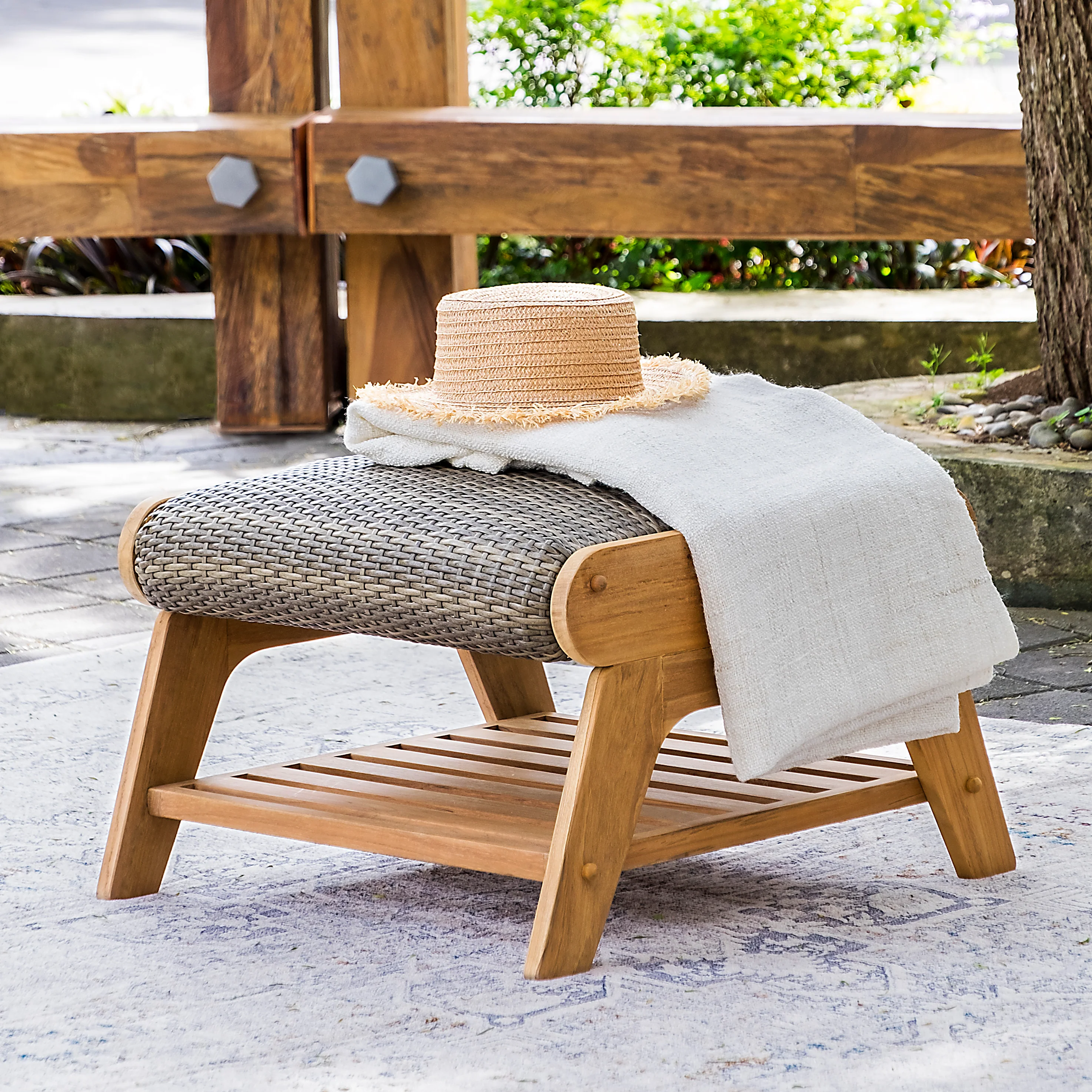 Camden 4 Piece Teak Outdoor Conversation Set with Padded Woven Seat – FREE Furniture Cover - Image 13