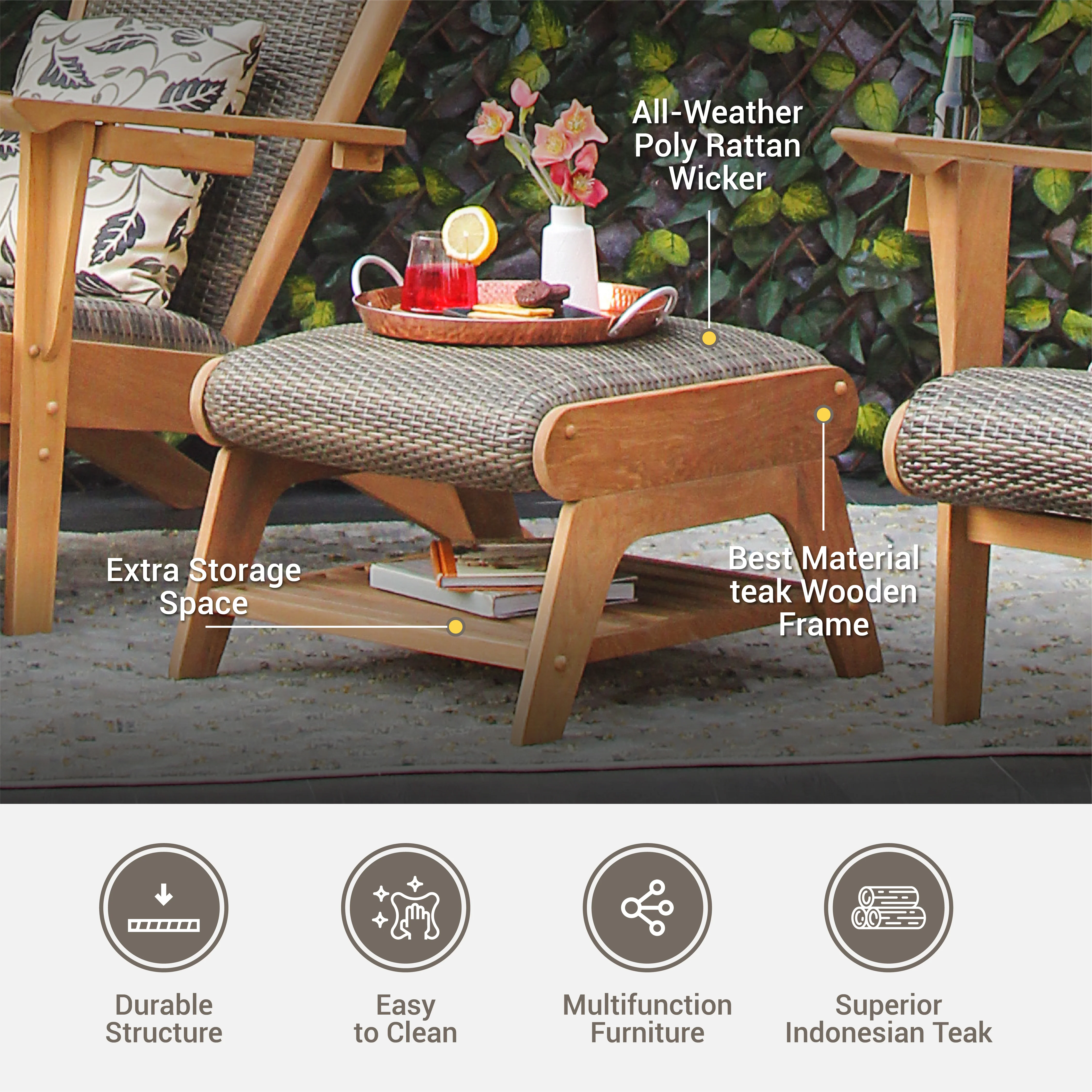 Camden Teak Patio Adirondack Chair with Ottoman and Padded Woven Seat – FREE Furniture Cover - Image 7