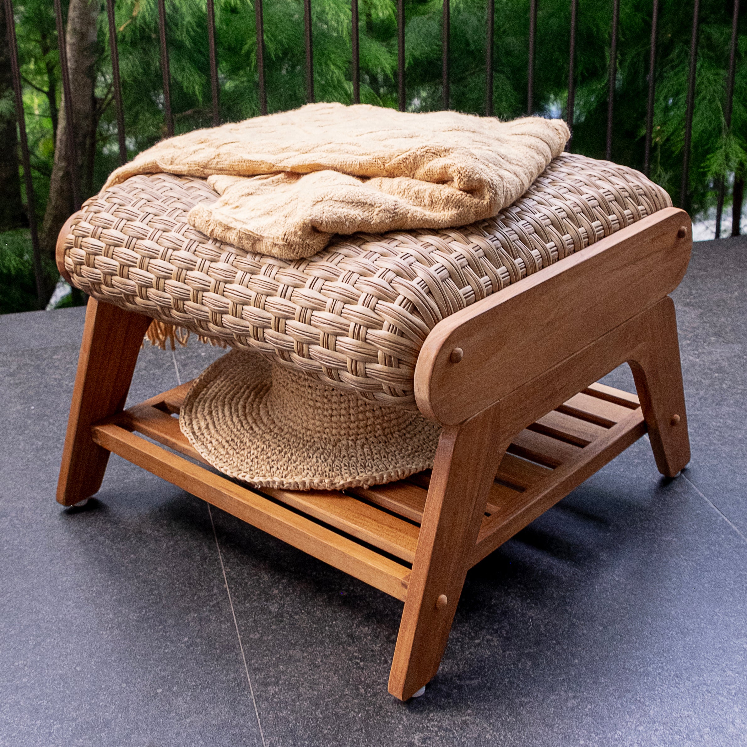 Camden Padded Woven Seat Teak Outdoor Ottoman – FREE Furniture Cover - Image 6