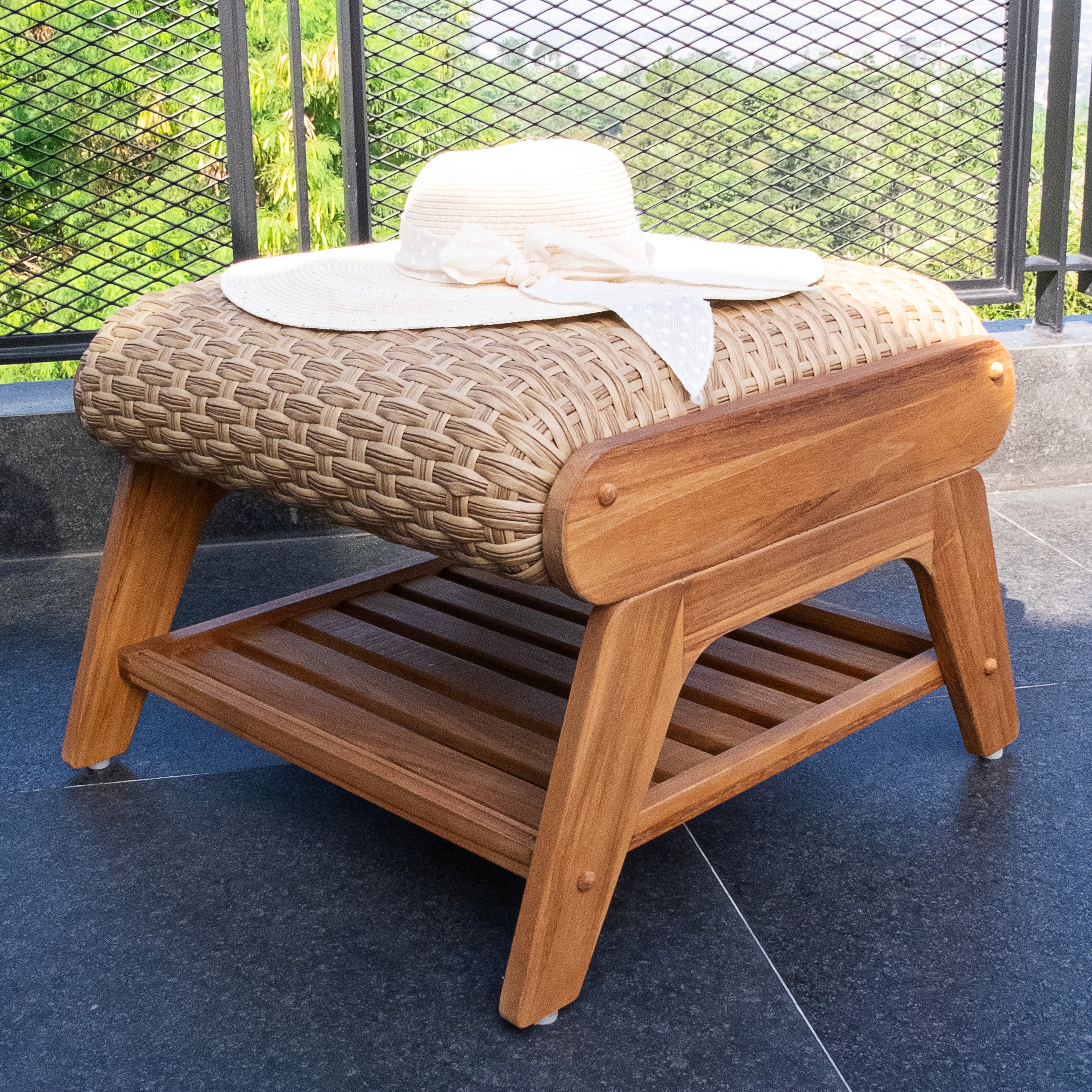 Camden Padded Woven Seat Teak Outdoor Ottoman – FREE Furniture Cover - Image 7