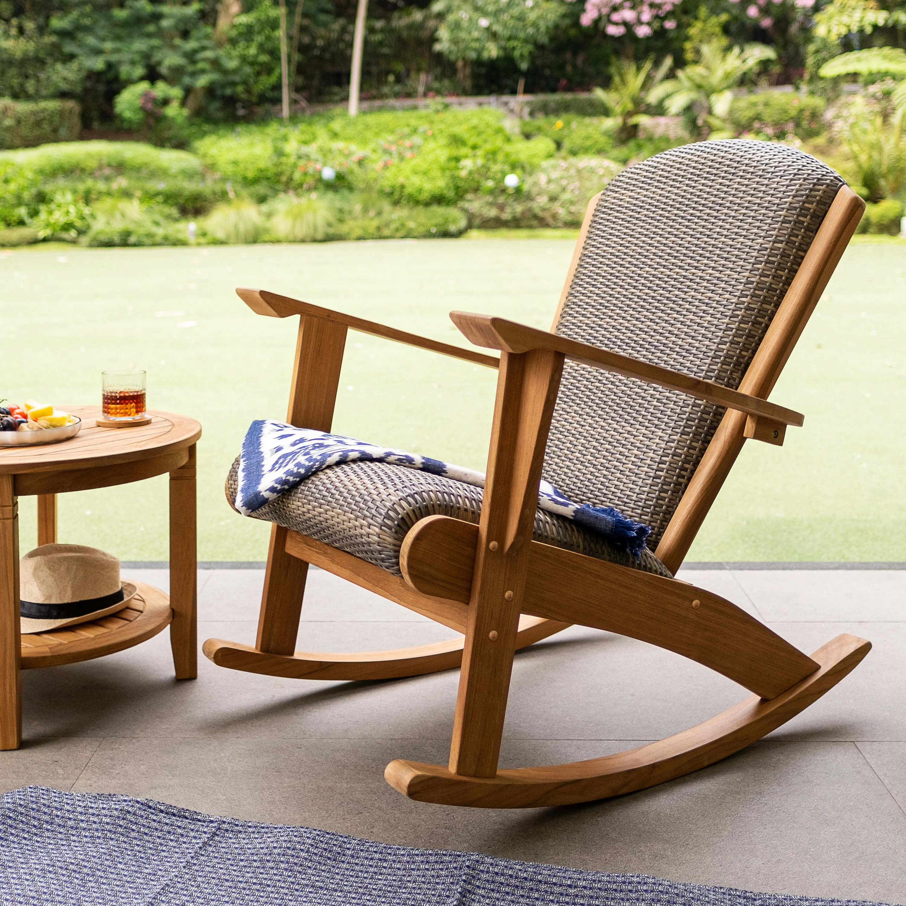 Camden Teak Outdoor Rocking Chair with Padded Woven Seat - Image 8
