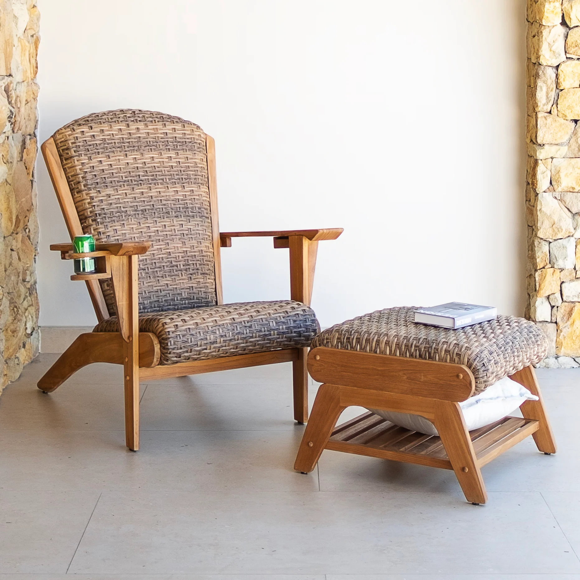 Camden Teak Patio Adirondack Chair with Ottoman and Padded Woven Seat – FREE Furniture Cover - Image 9