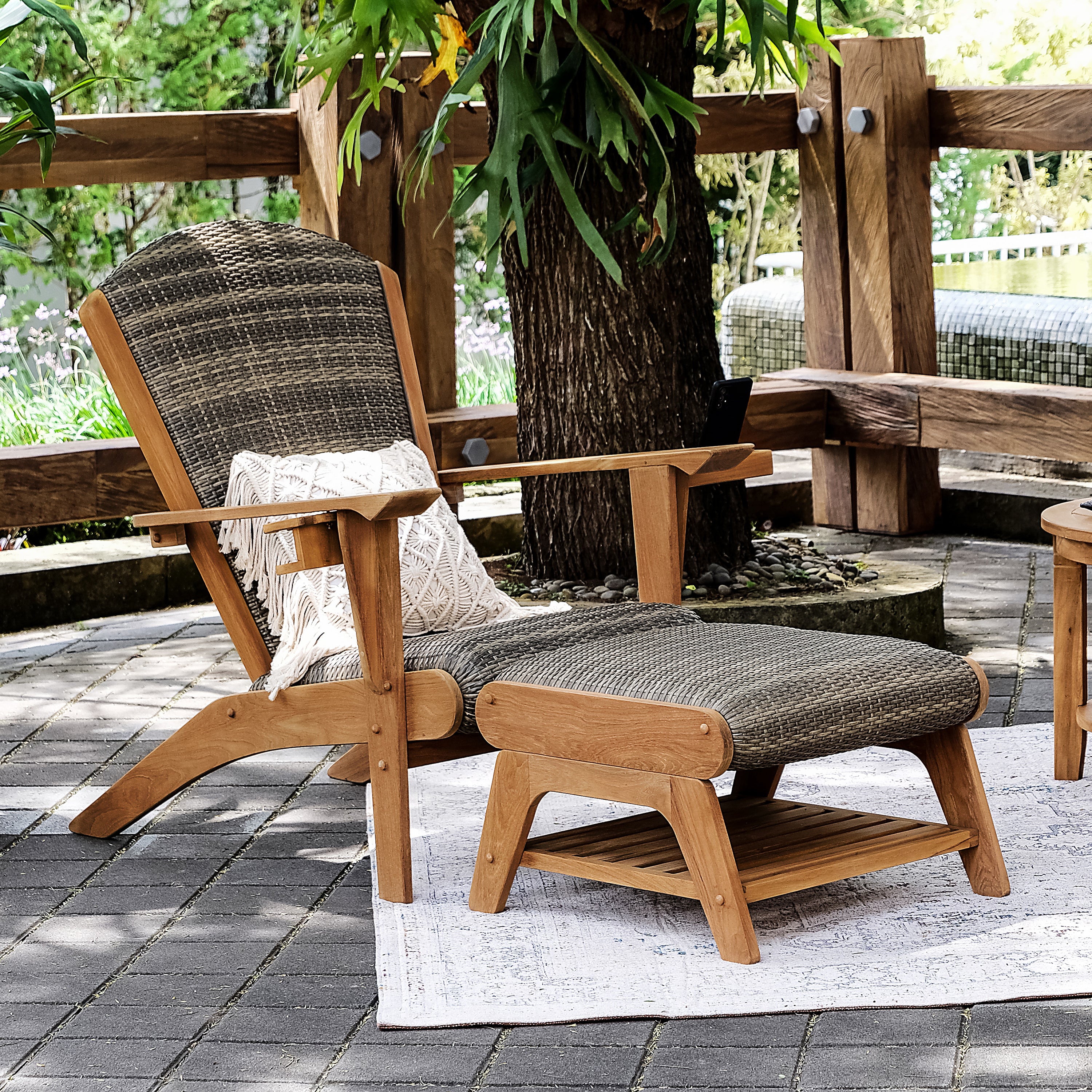 Camden Teak Patio Adirondack Chair with Padded Woven Seat and Ottoman – FREE Furniture Cover - Image 10