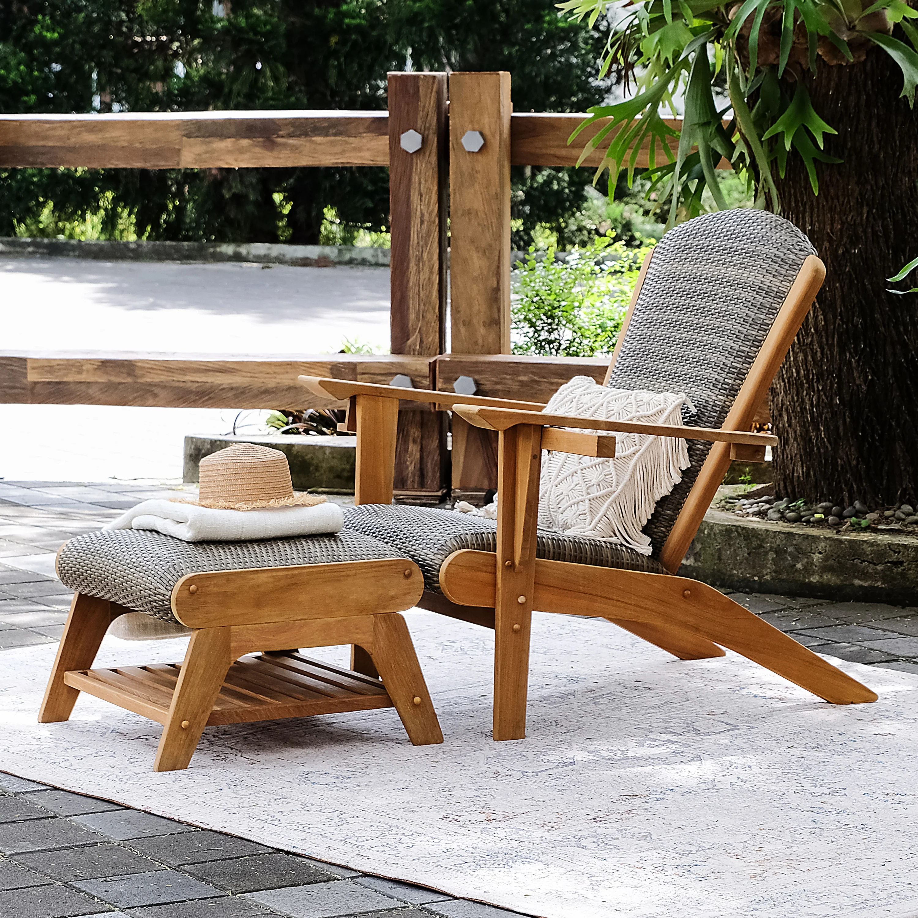Camden Teak Patio Adirondack Chair with Padded Woven Seat and Ottoman – FREE Furniture Cover - Image 9