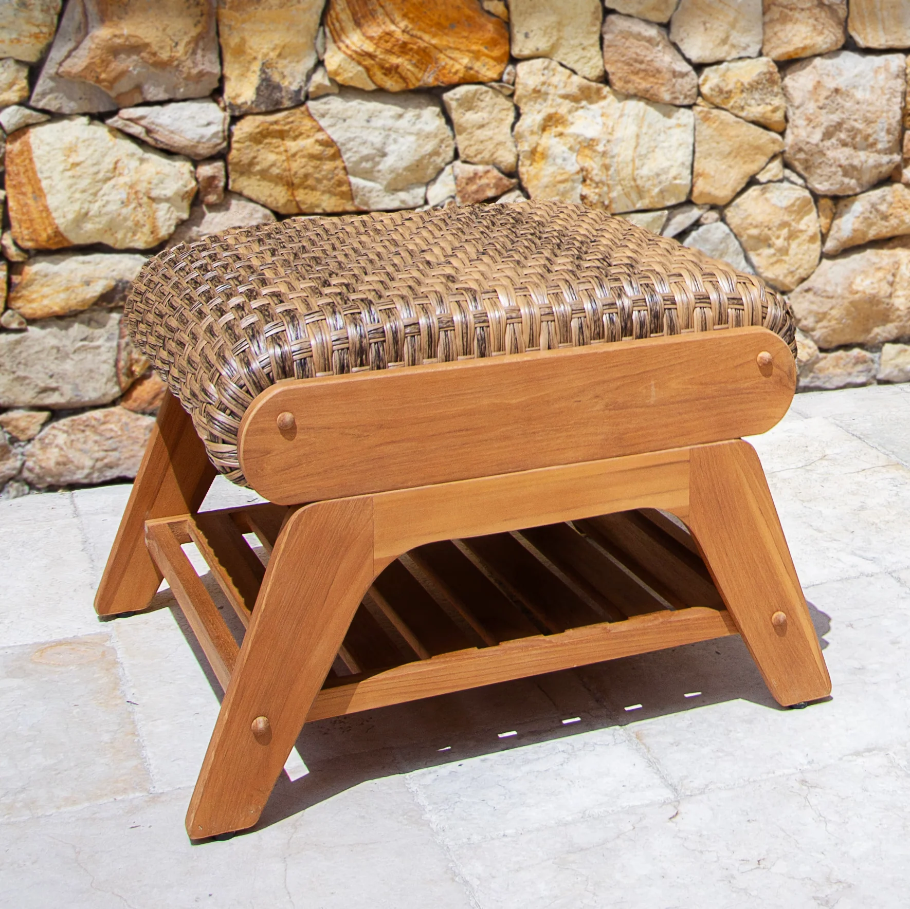 Camden Teak Patio Ottoman with Padded Woven Seat – FREE Furniture Cover - Image 10