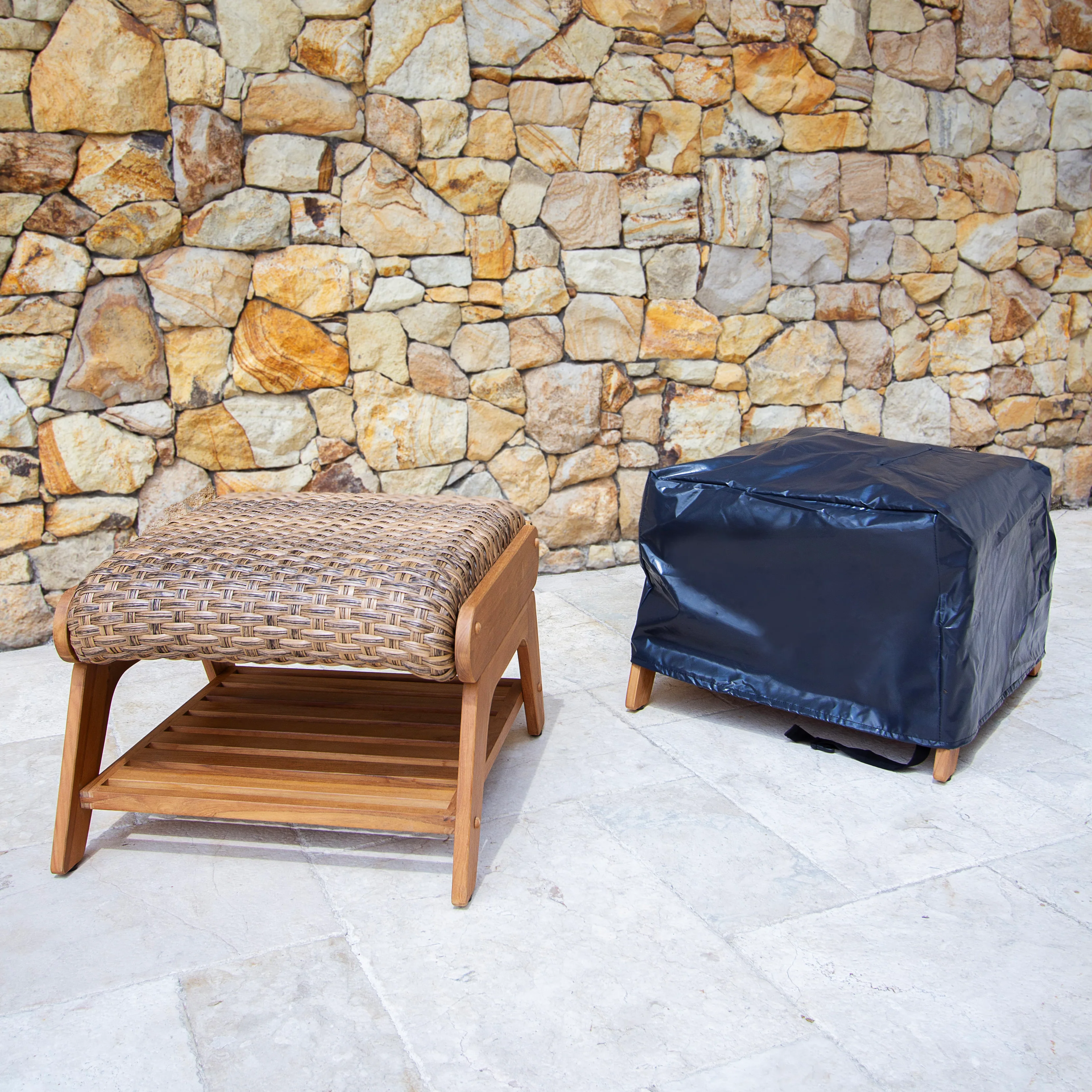 Camden Teak Patio Ottoman with Padded Woven Seat – FREE Furniture Cover - Image 3