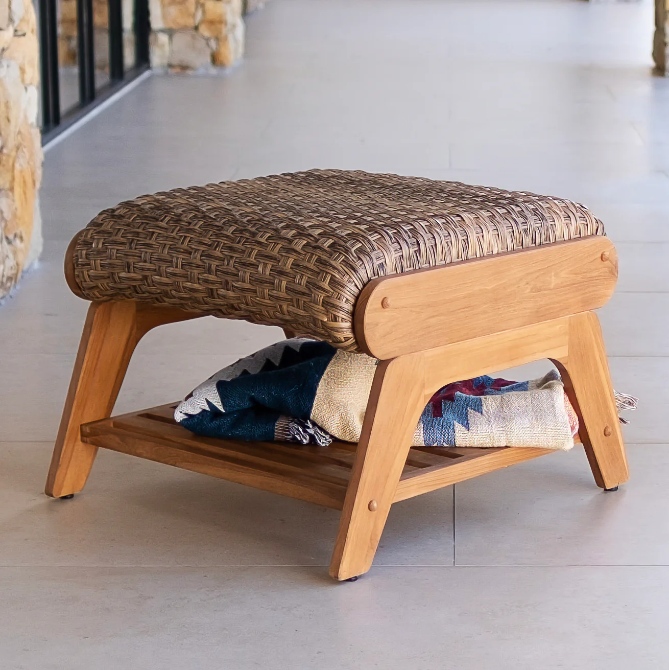 Camden Teak Patio Ottoman with Padded Woven Seat – FREE Furniture Cover - Image 7