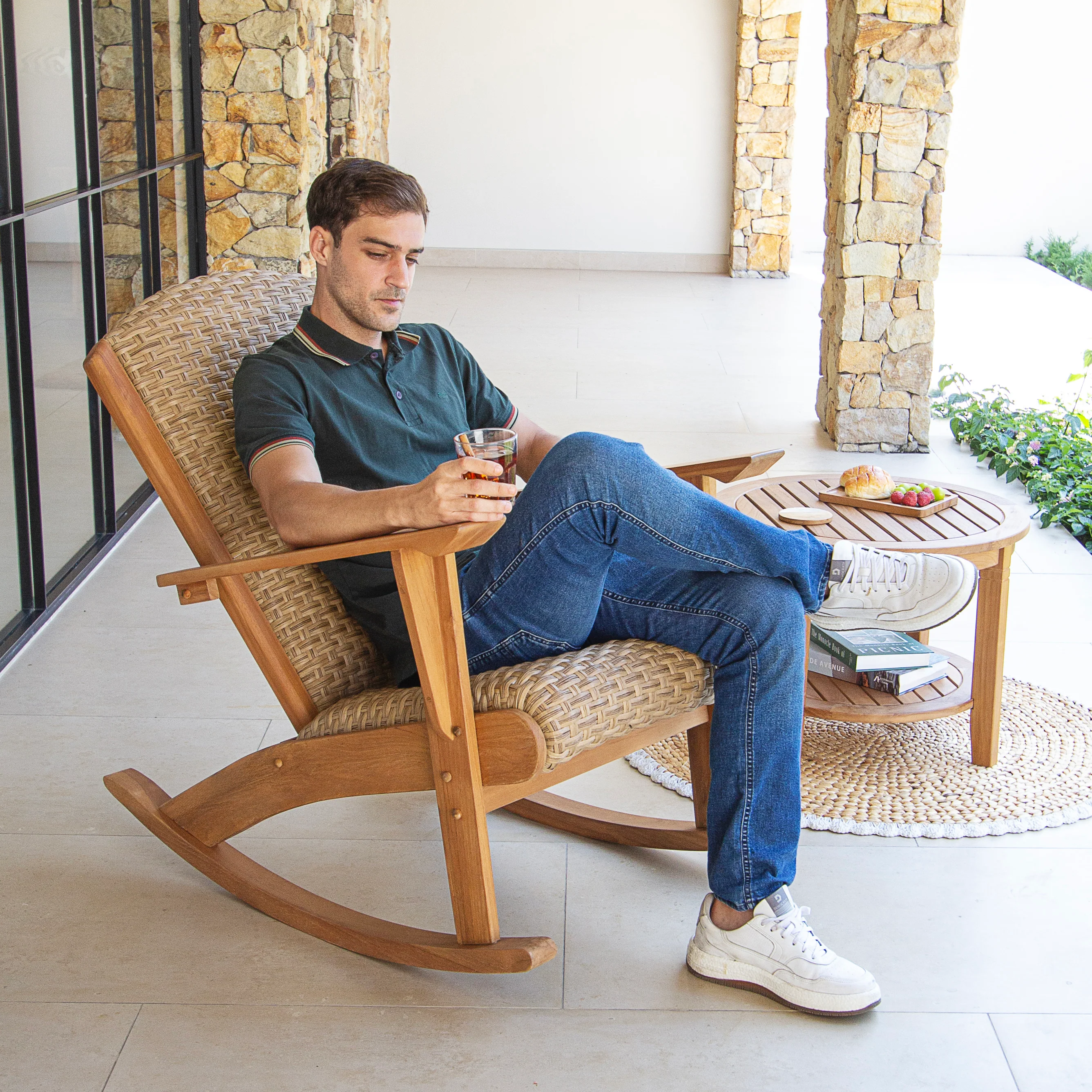 Camden Teak Patio Roker with Padded Woven Seat - Image 3