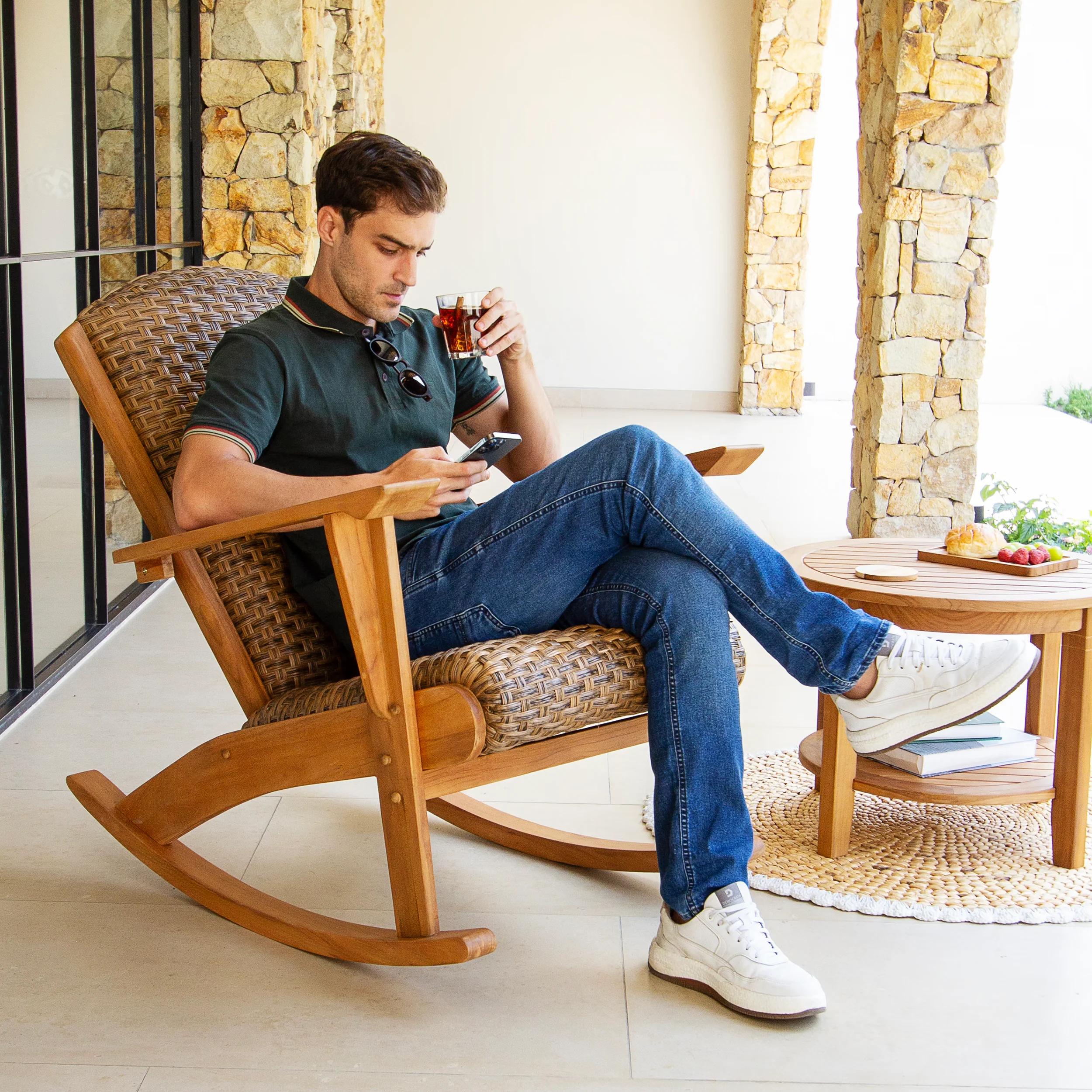 Camden Teak Porch Rocking Chair with Padded Woven Seat - Image 3