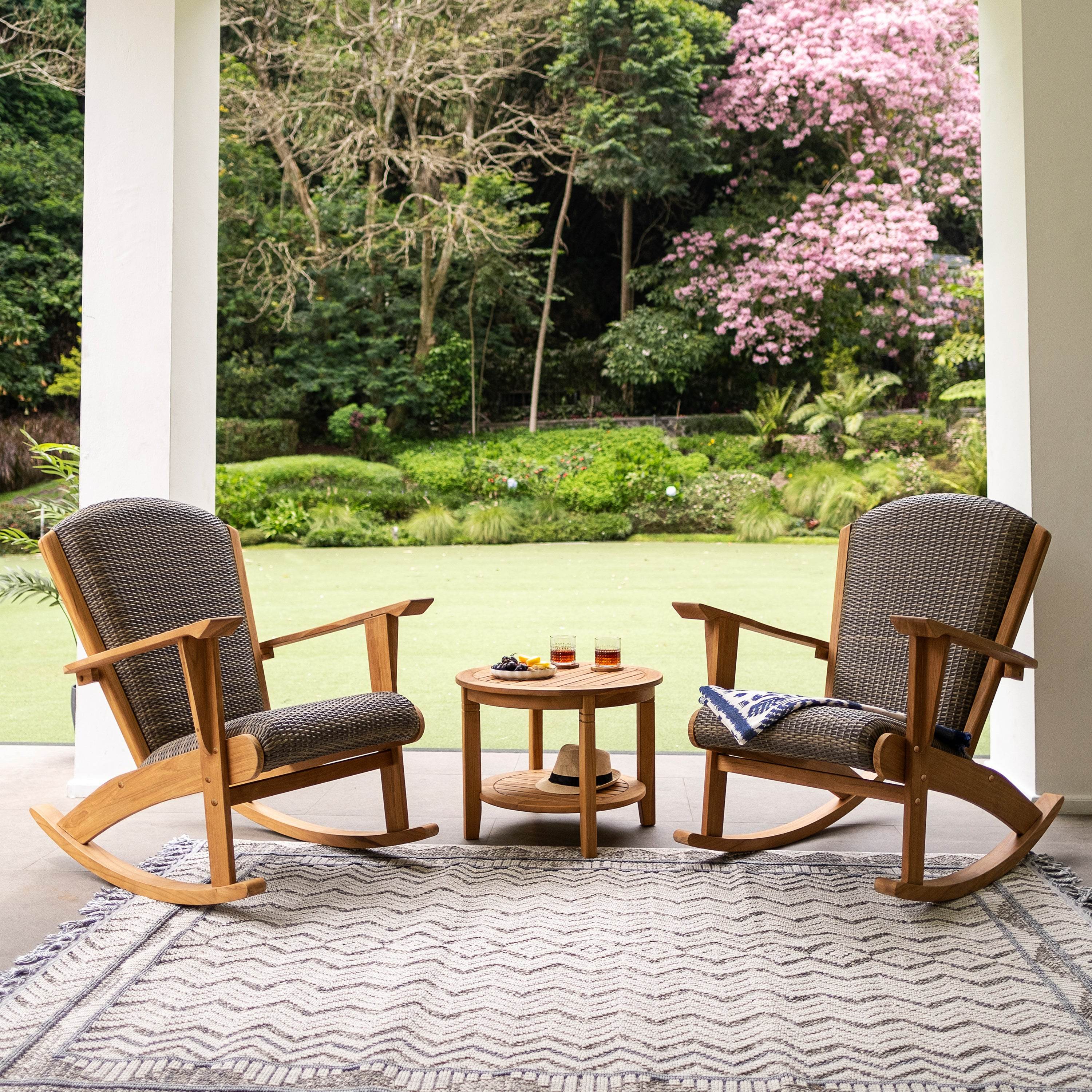 Camden Teak Wood 3 Piece Outdoor Rocker Conversation Set with Padded Woven Seat - Image 3