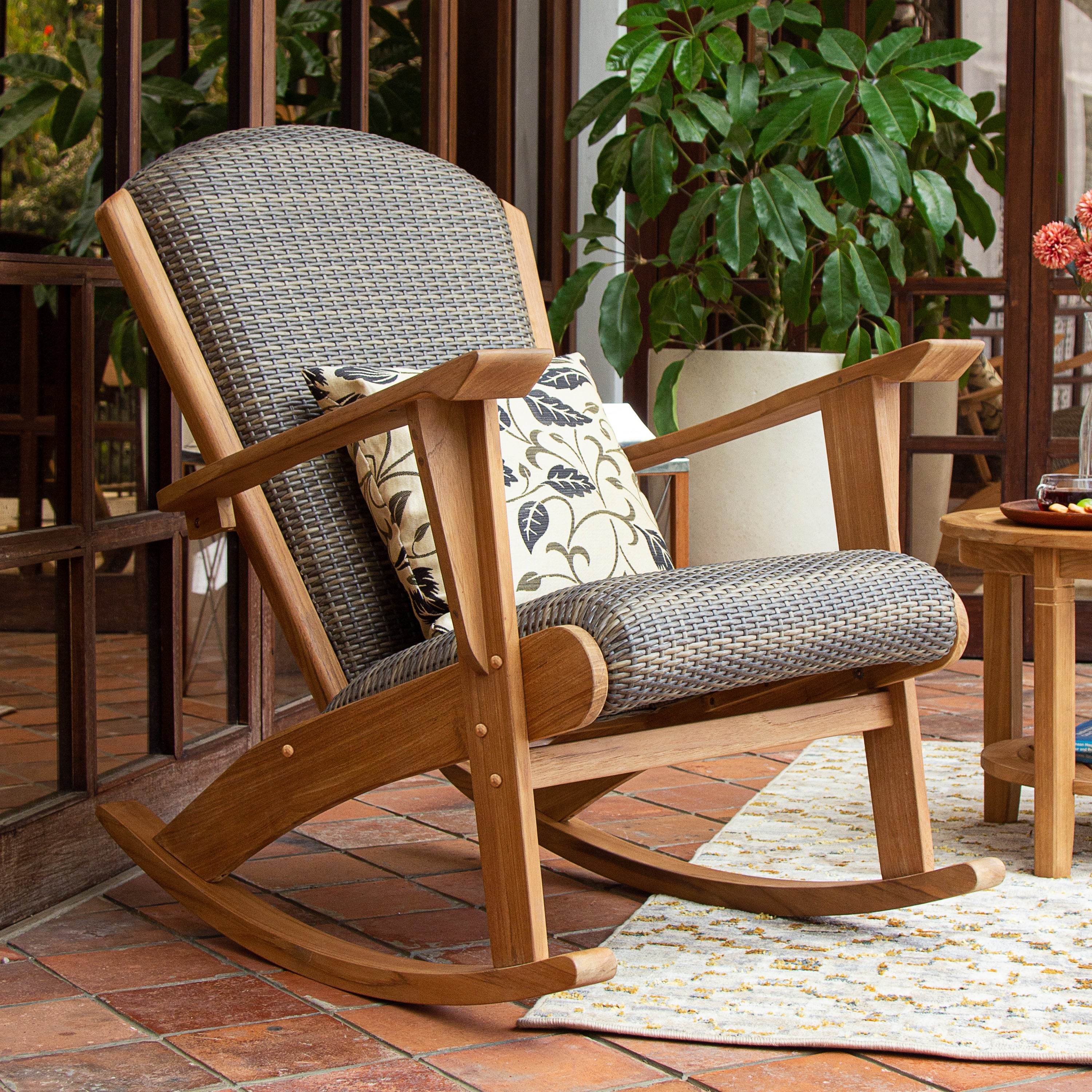 Camden Teak Wood 3 Piece Outdoor Rocker Conversation Set with Padded Woven Seat - Image 6