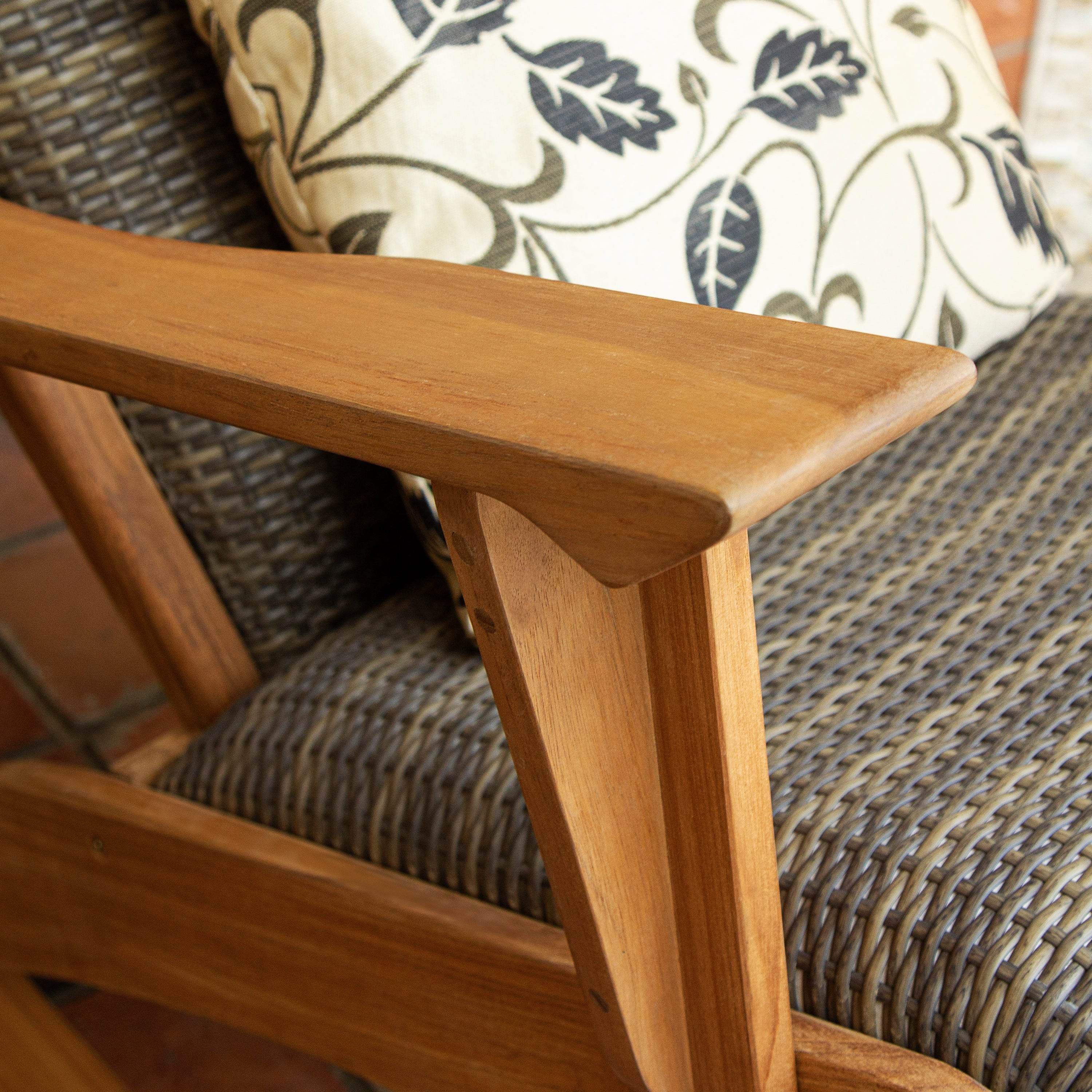 Camden Teak Wood 3 Piece Outdoor Rocker Conversation Set with Padded Woven Seat - Image 9